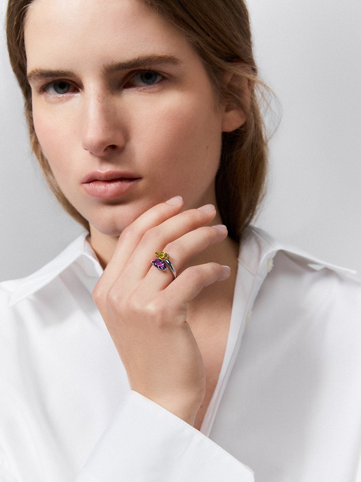 Anillo tu y yo de plata 925 con amatista y citrino