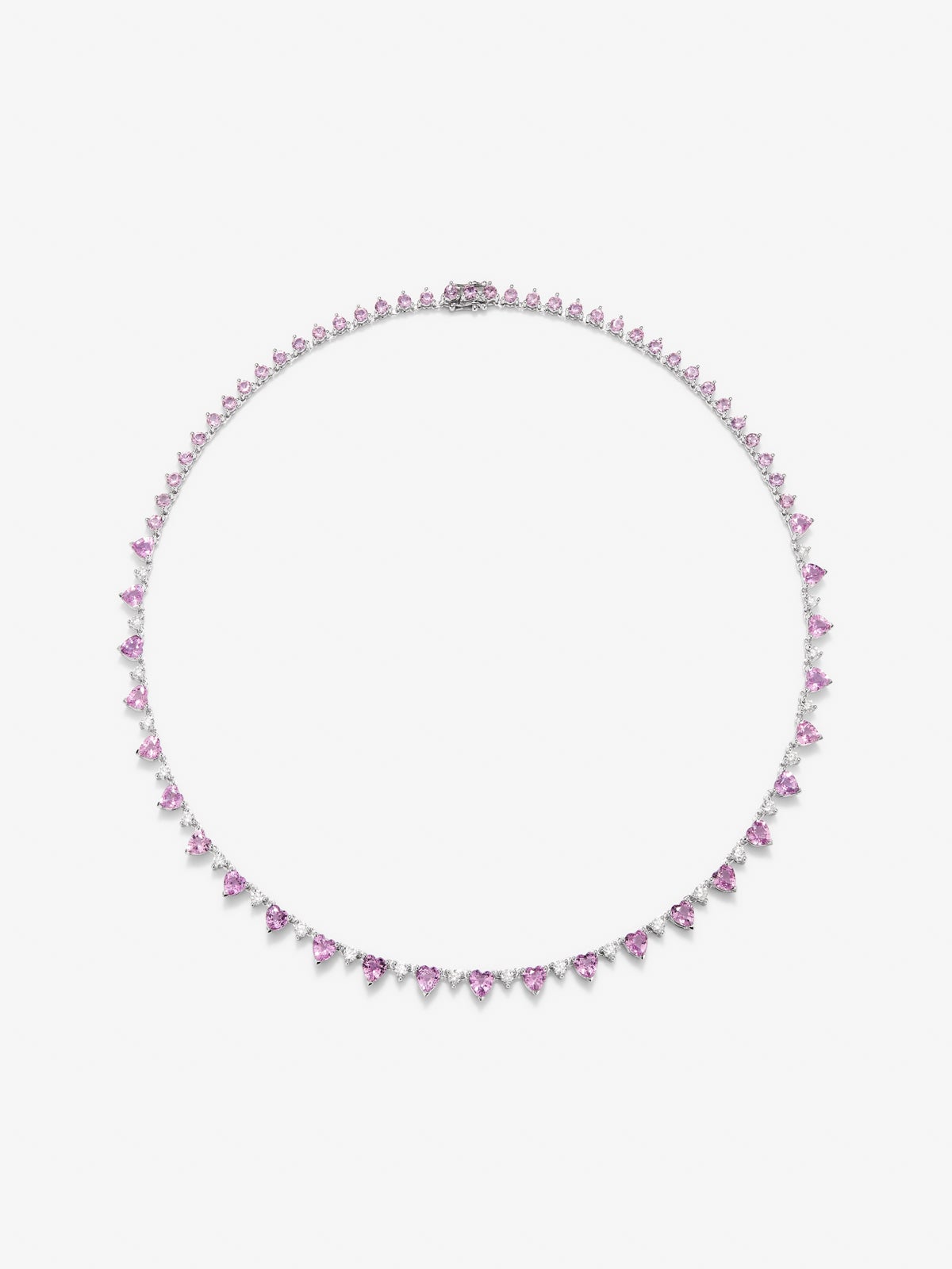 Collar de oro blanco de 18K con zafiros rosas en talla brillante y corazón de 22,79 cts y diamantes en talla brillante de 2,26 cts
