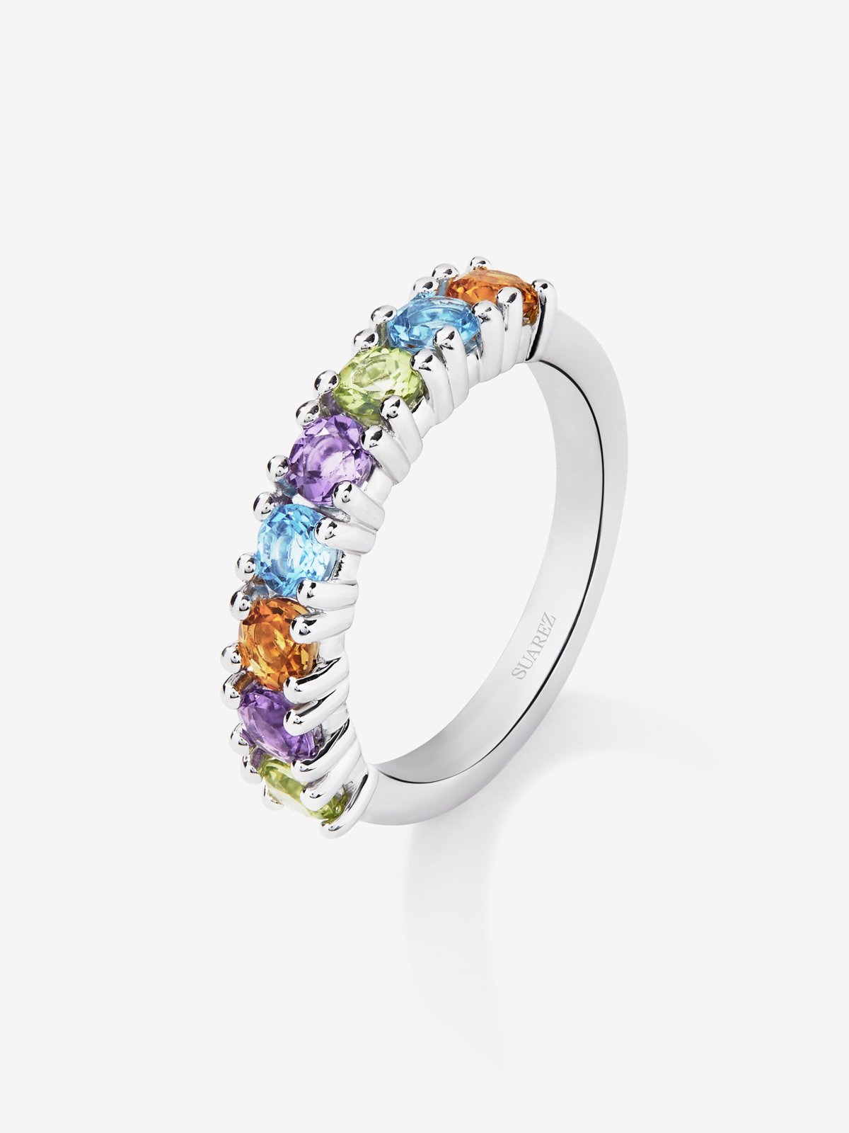 Anillo de plata 925 con peridotos, amatistas moradas, cuarzos citrinos y topacios azul swiss en talla brillante