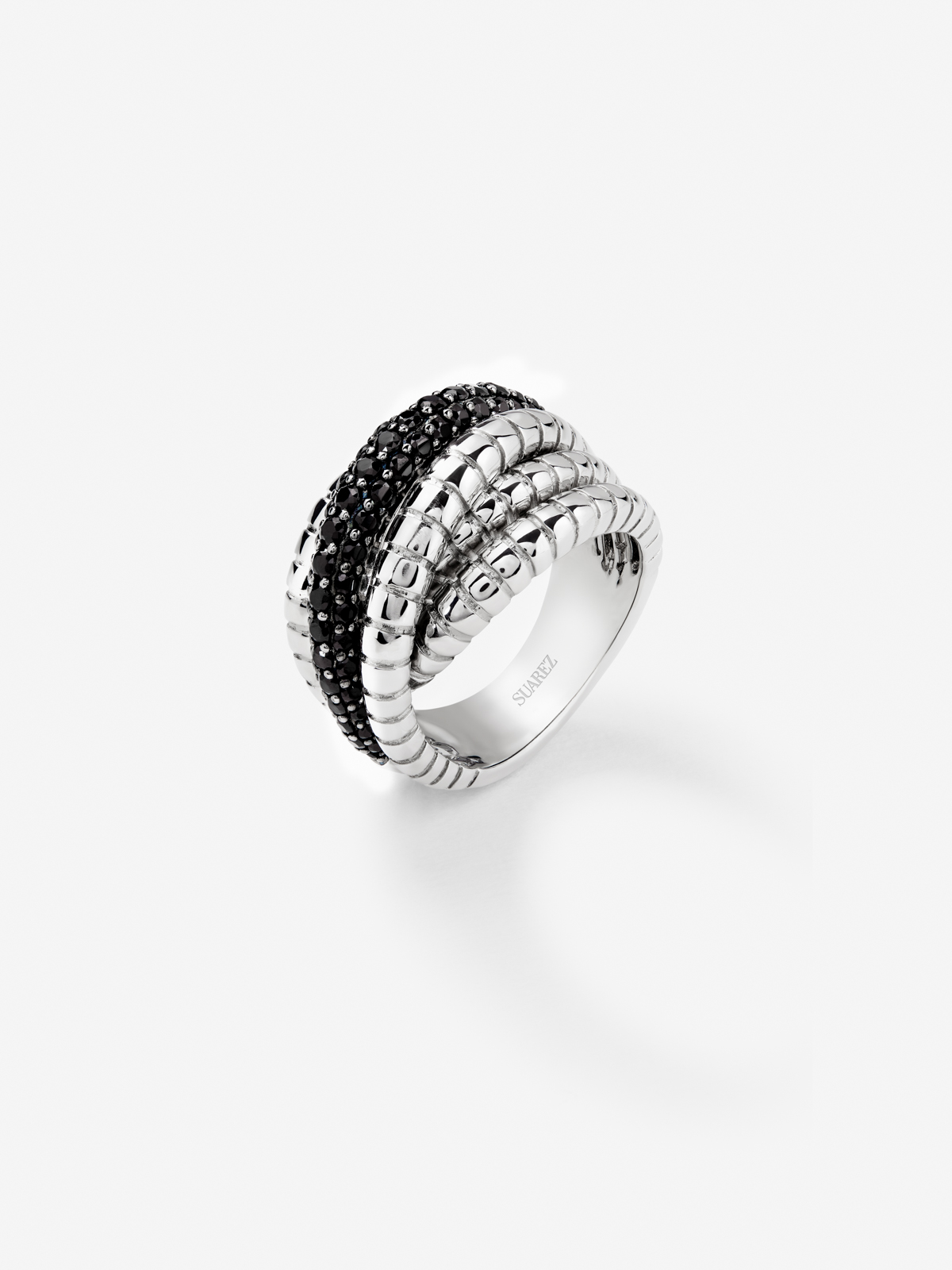Wide multi-arm torsade ring in 925 silver with spinels