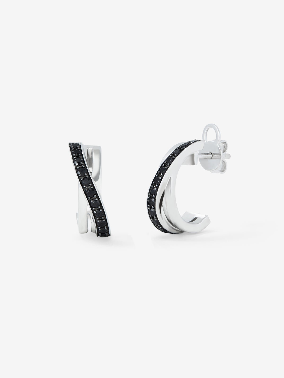 Crossed hoop earrings made of 925 silver with spinels