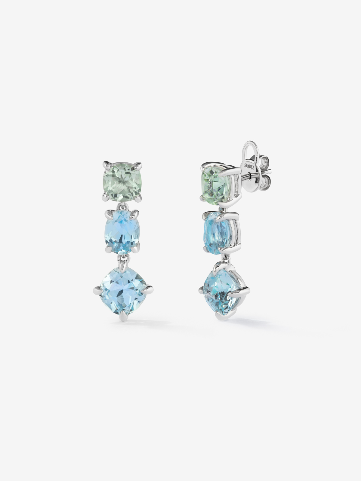 Long 925 silver earrings with green amethyst and topaz.