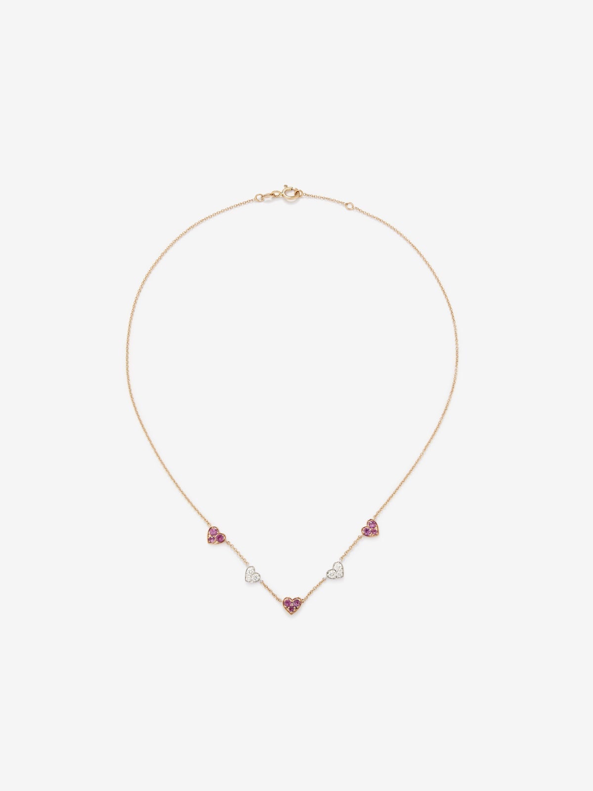Collar corazones de oro rosa y oro blanco de 18kt con zafiros rosas y diamantes
