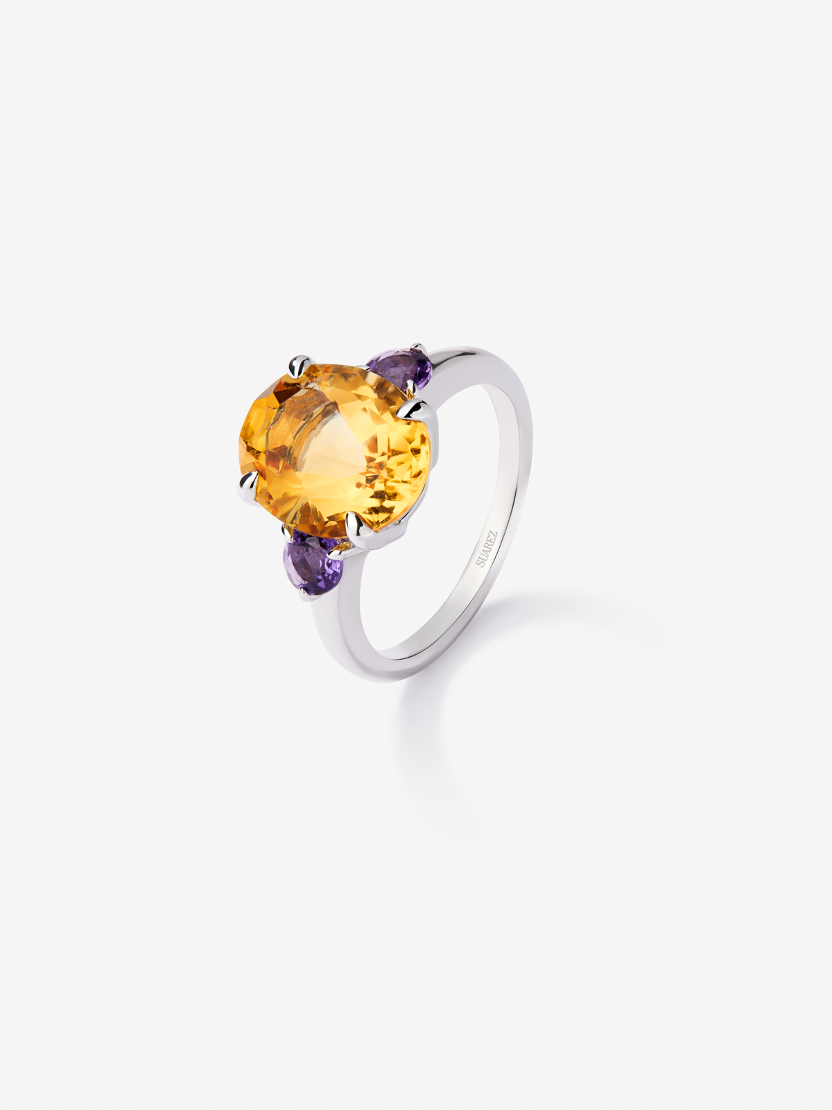 925 Silver Tiego Ring with Citrine Quartz in Oval Size 4.16 CTS and Amratists purple in bright size of 0.44 cts