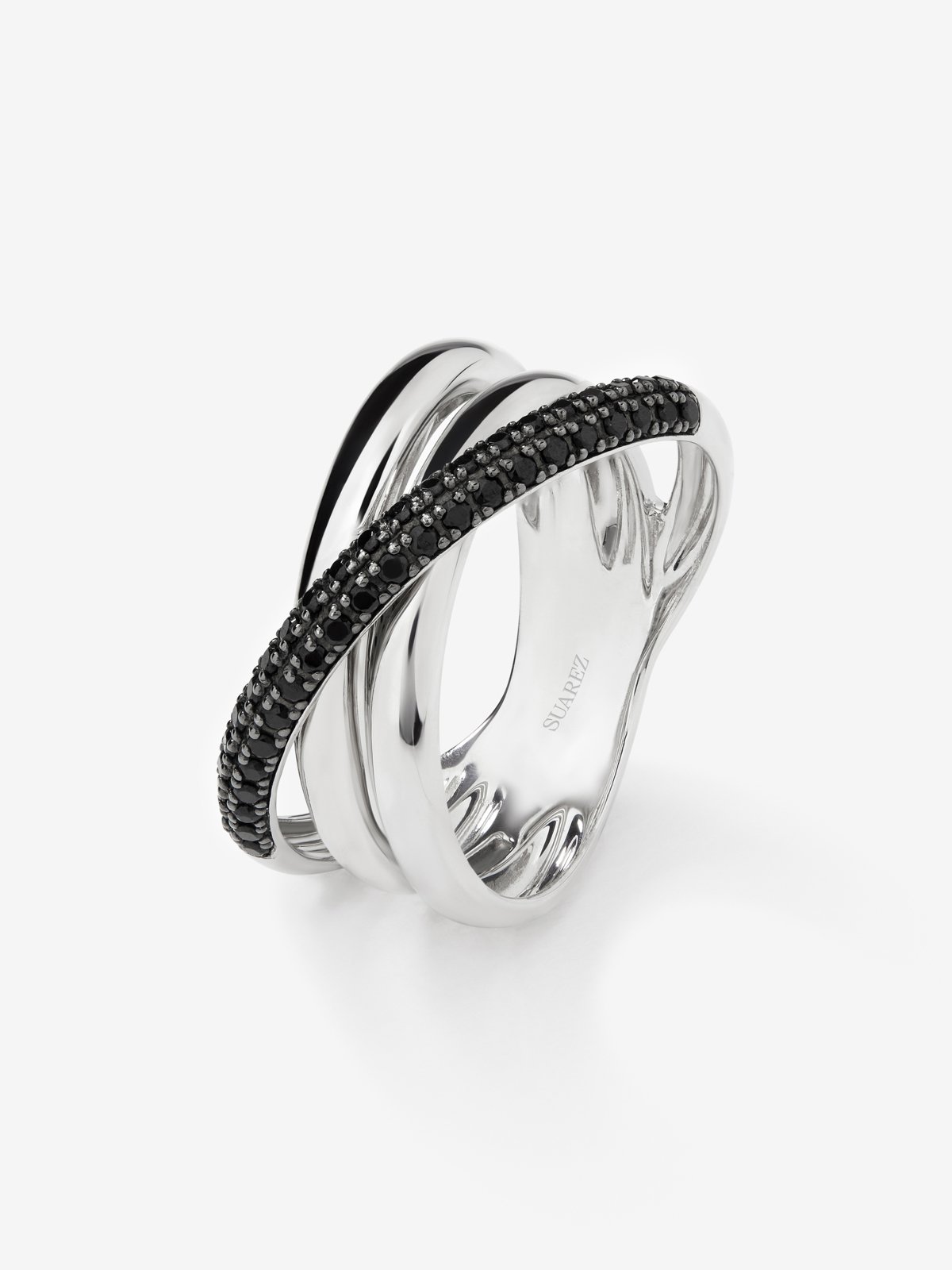 Anillo multibrazo cruzado de plata 925 con espinelas negras en talla brillante