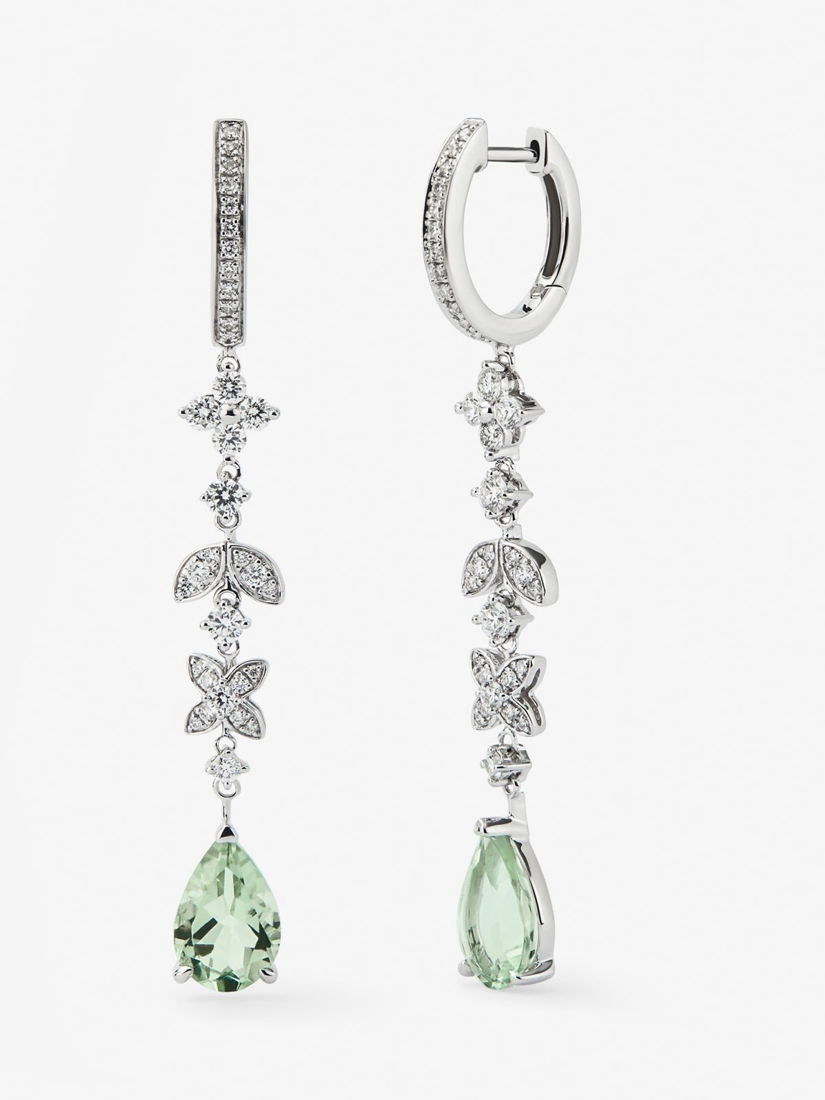 18K white gold earrings with 64 brilliant-cut diamonds with a total of 0.64 cts and 2 pear-cut green amethysts