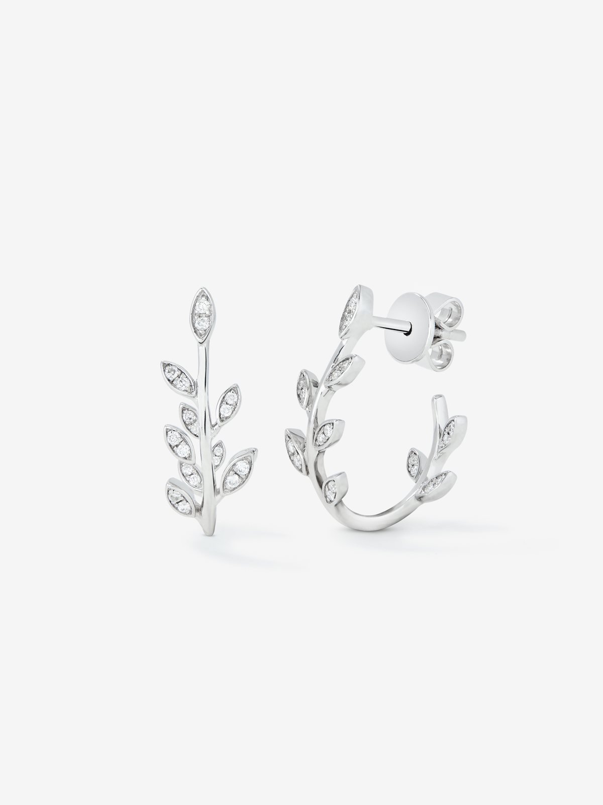 18K white gold leaf hoop earrings with pave diamond