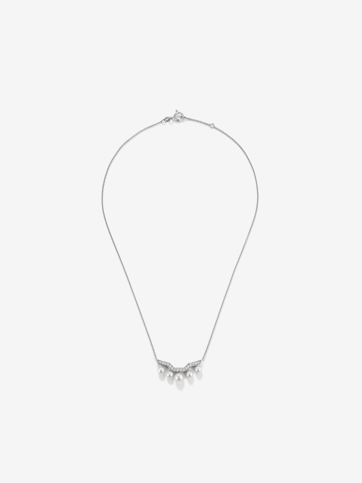Colgante cadena de oro blanco de 18k con cinco perlas Akoya y diamantes