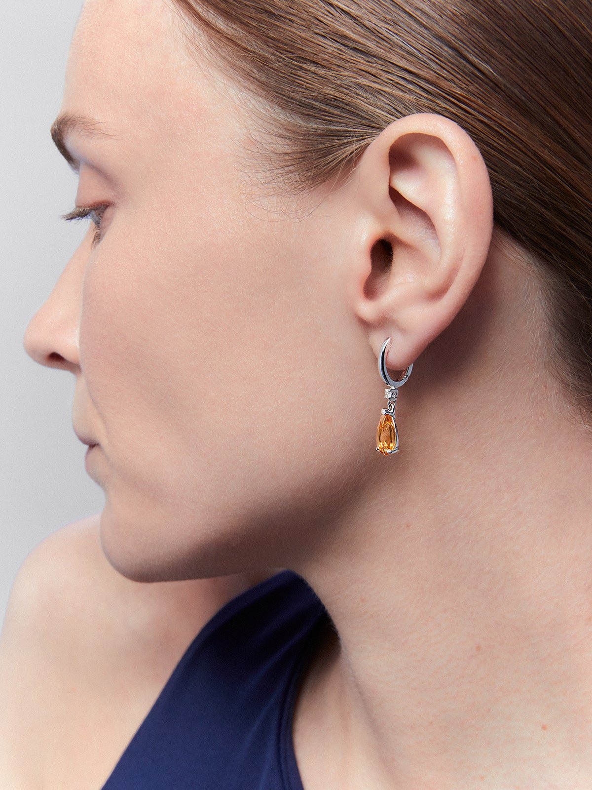 Pendientes aro de plata 925 con citrino y diamante colgante