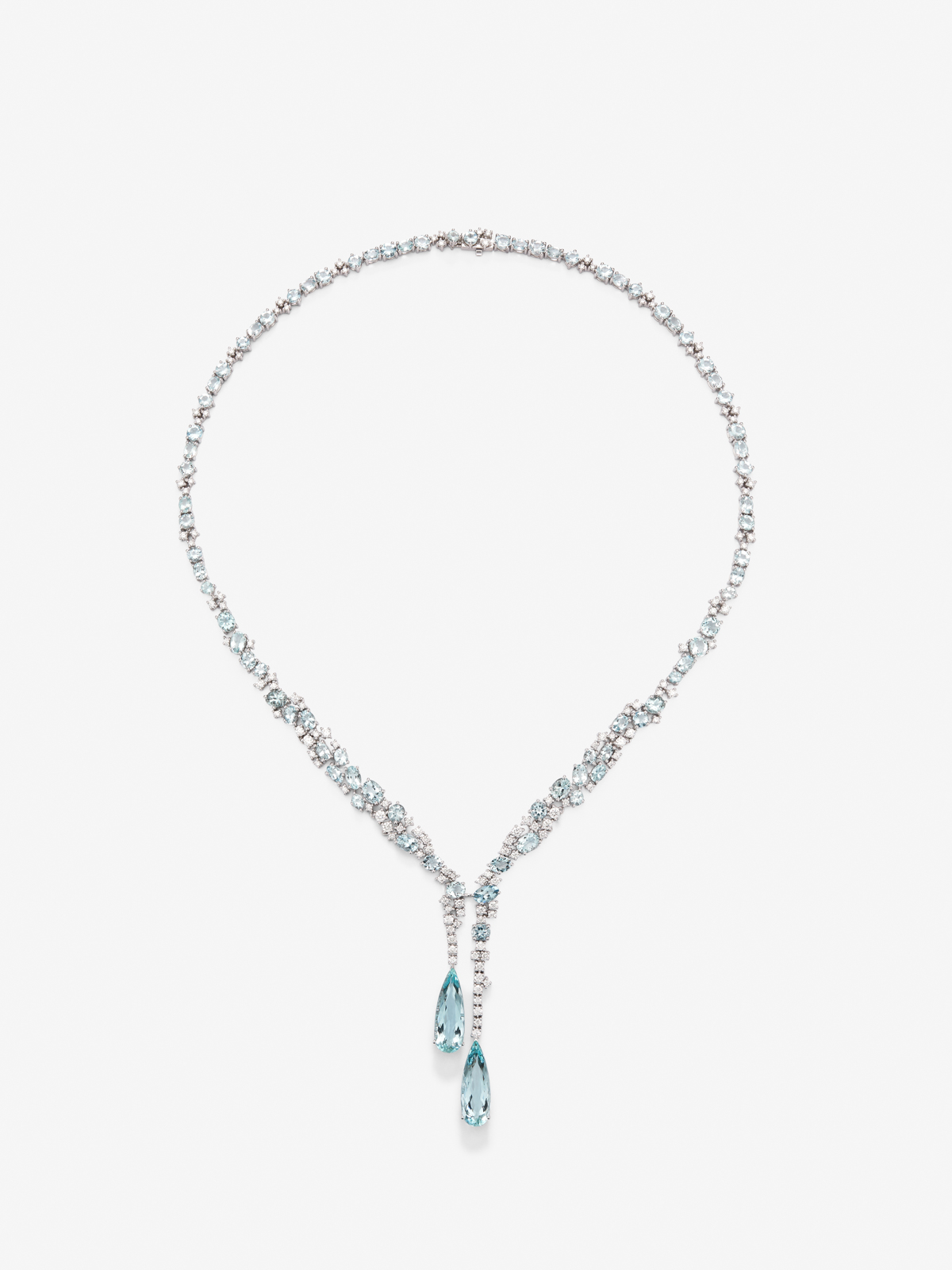 Collar de oro blanco de 18K con aguamarinas azules en talla pera de 9,9 cts y diamantes blancos en talla brillante de 5,15 cts