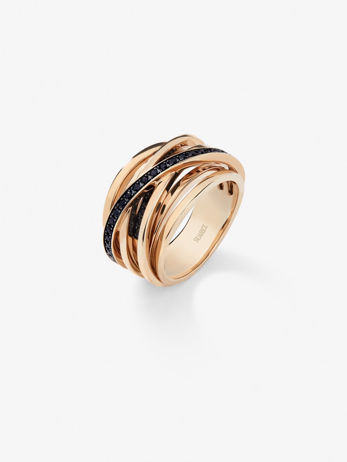 Anillo ancho multibrazo de oro rosa de 18K con espinelas