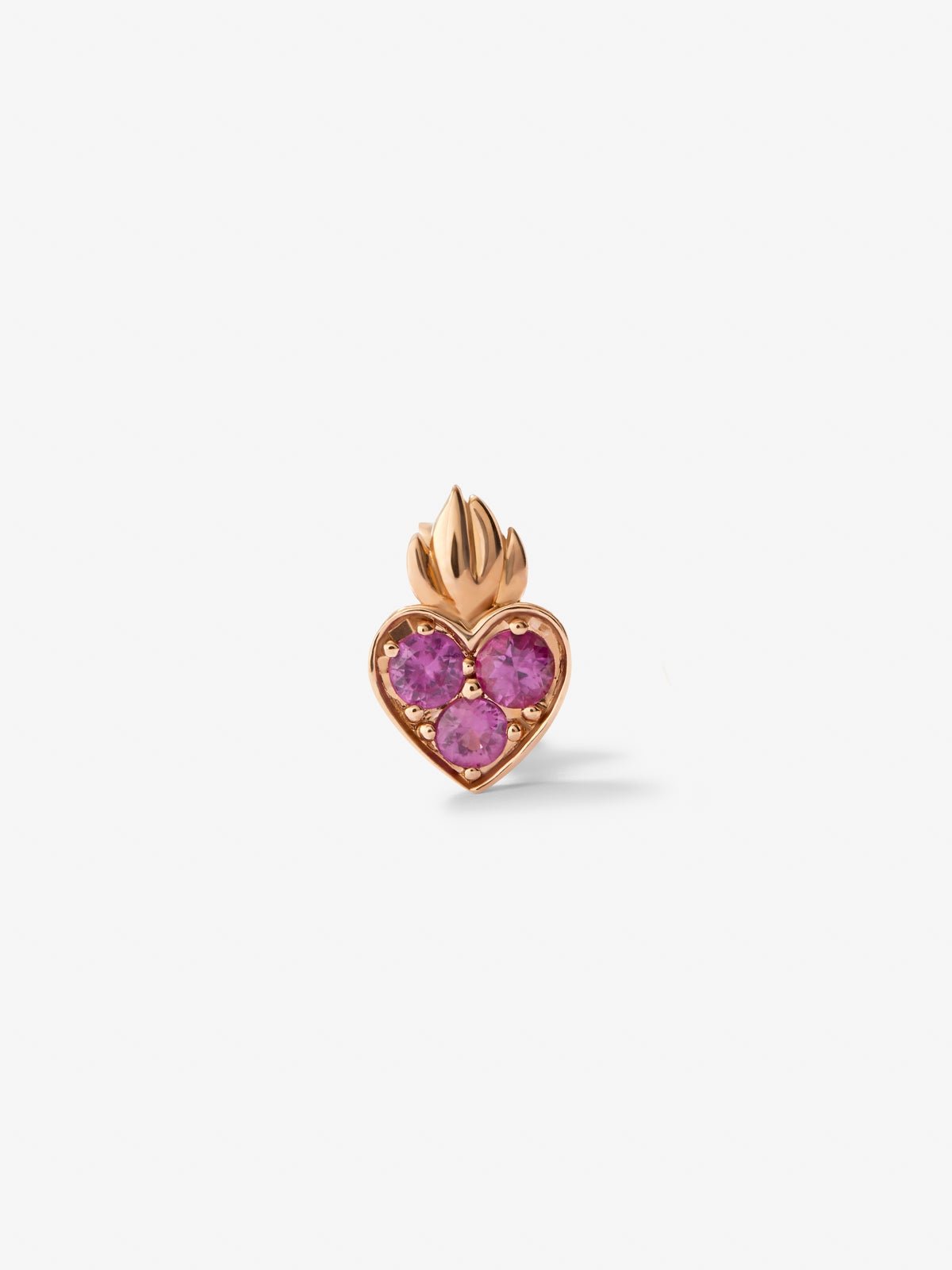 Pendiente individual corazón de oro rosa de 18kt con zafiros rosas de 0,14cts