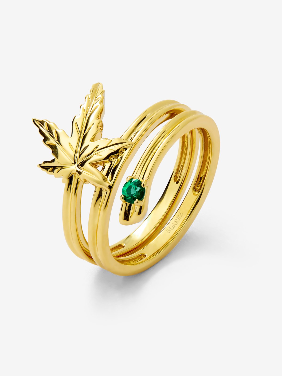 Anillo de oro amarillo de 18K con esmeralda en talla brillante de 0,07 cts y forma de hoja de arce
