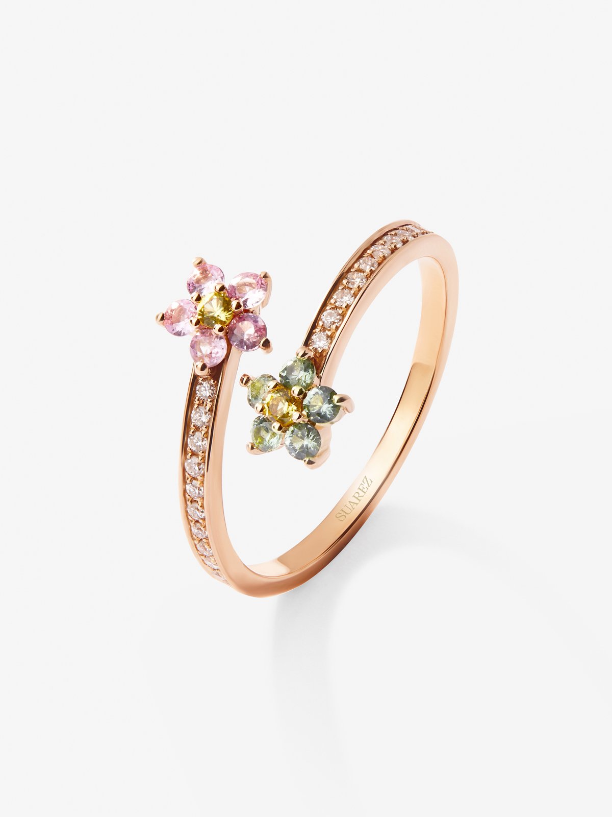 18K rose gold ring with 12 brilliant-cut multicolor sapphires with a total of 0.26 cts and 22 brilliant-cut diamonds with a total of 0.1 cts