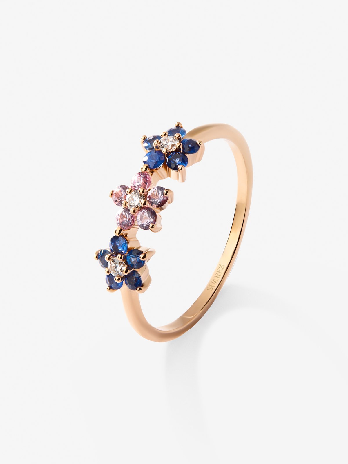 18kt rose gold flowers ring with diamond and sapphires