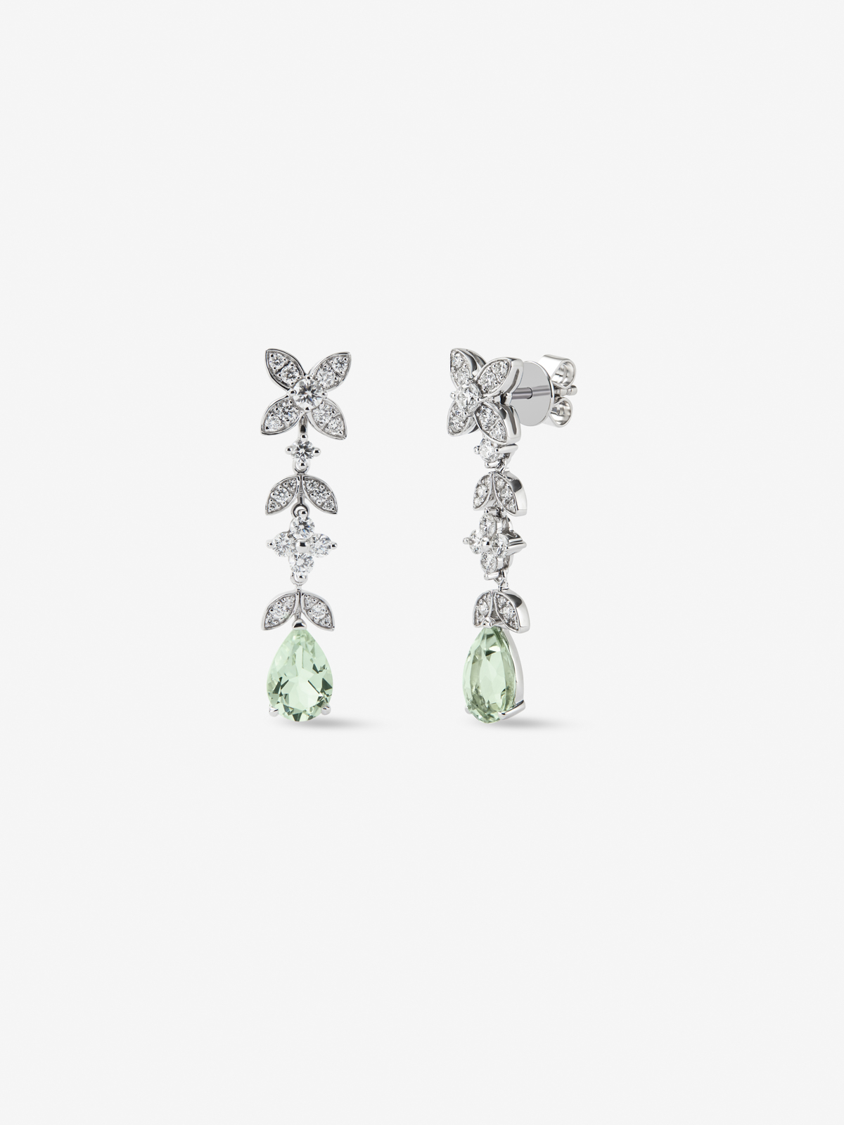 Detachable 18K white gold earrings with 0.99 ct brilliant-cut diamonds and pear-cut green amethysts