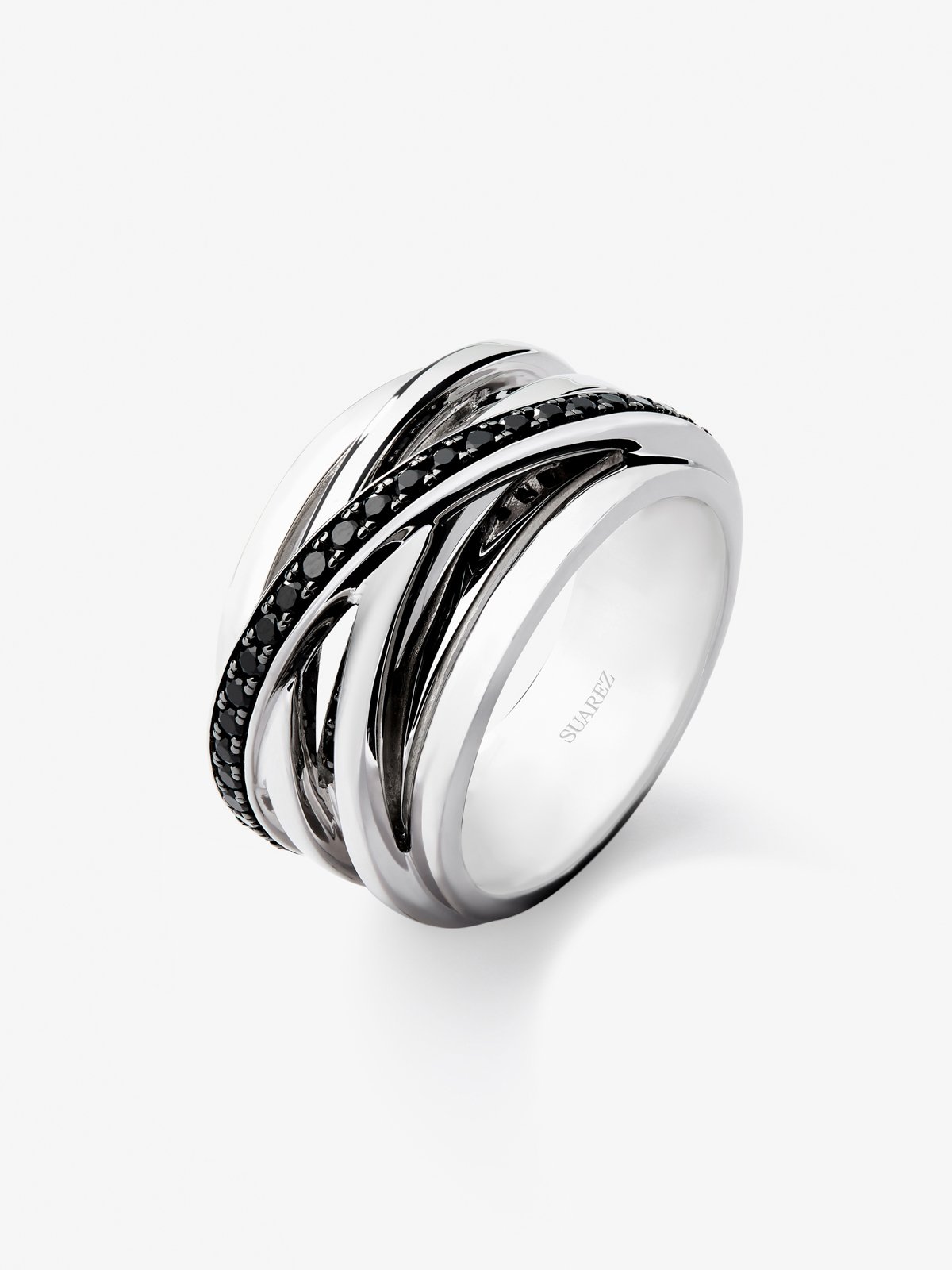 Anillo multibrazo cruzado de plata 925 con 36 espinelas negras en talla brillante