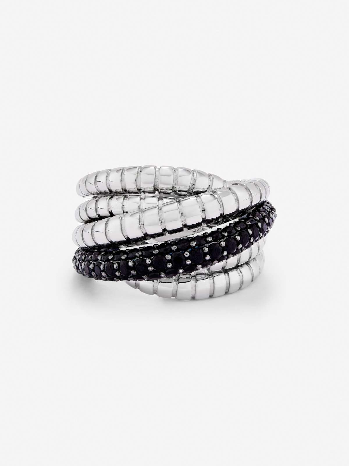 Anillo multibrazo de plata 925 con espinelas negras en talla brillante 
