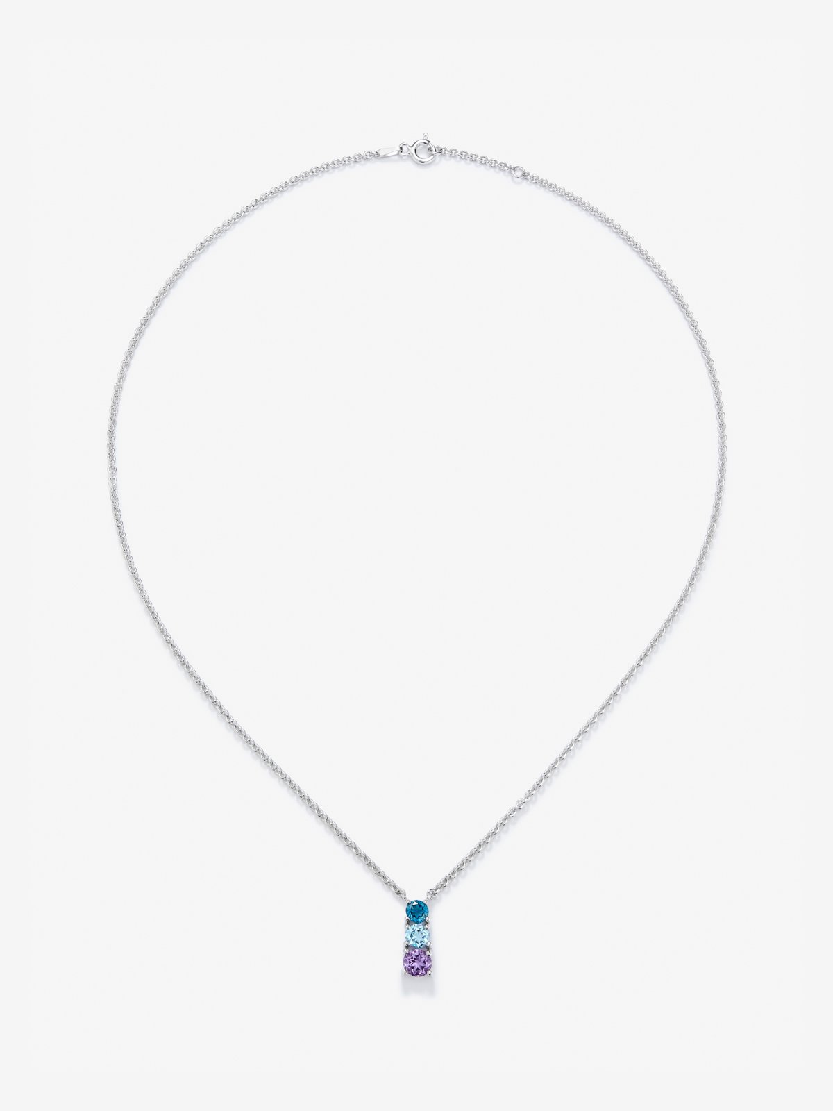 Colgante de plata 925 con topacio azul london, topacio azul swiss y amatista morada en talla brillante