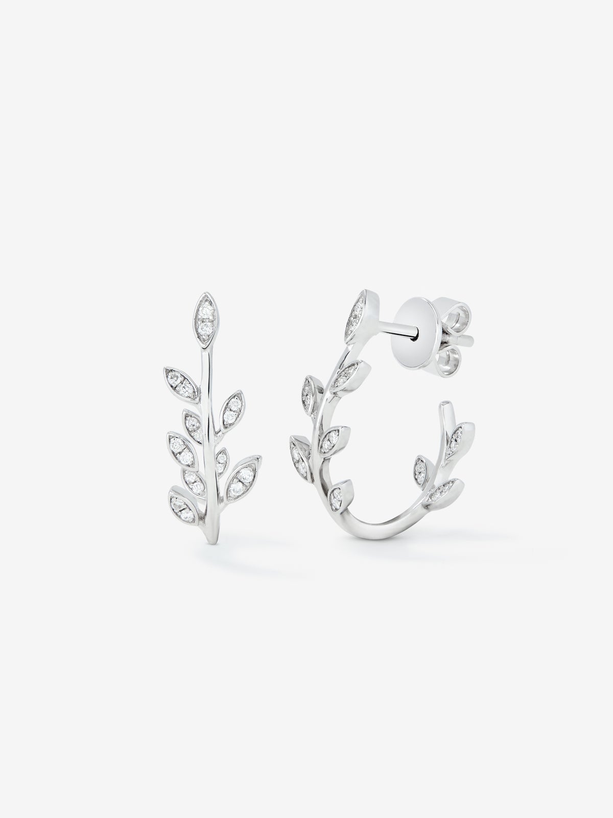 Pendientes de aro hojas de oro blanco de 18K con diamante pave