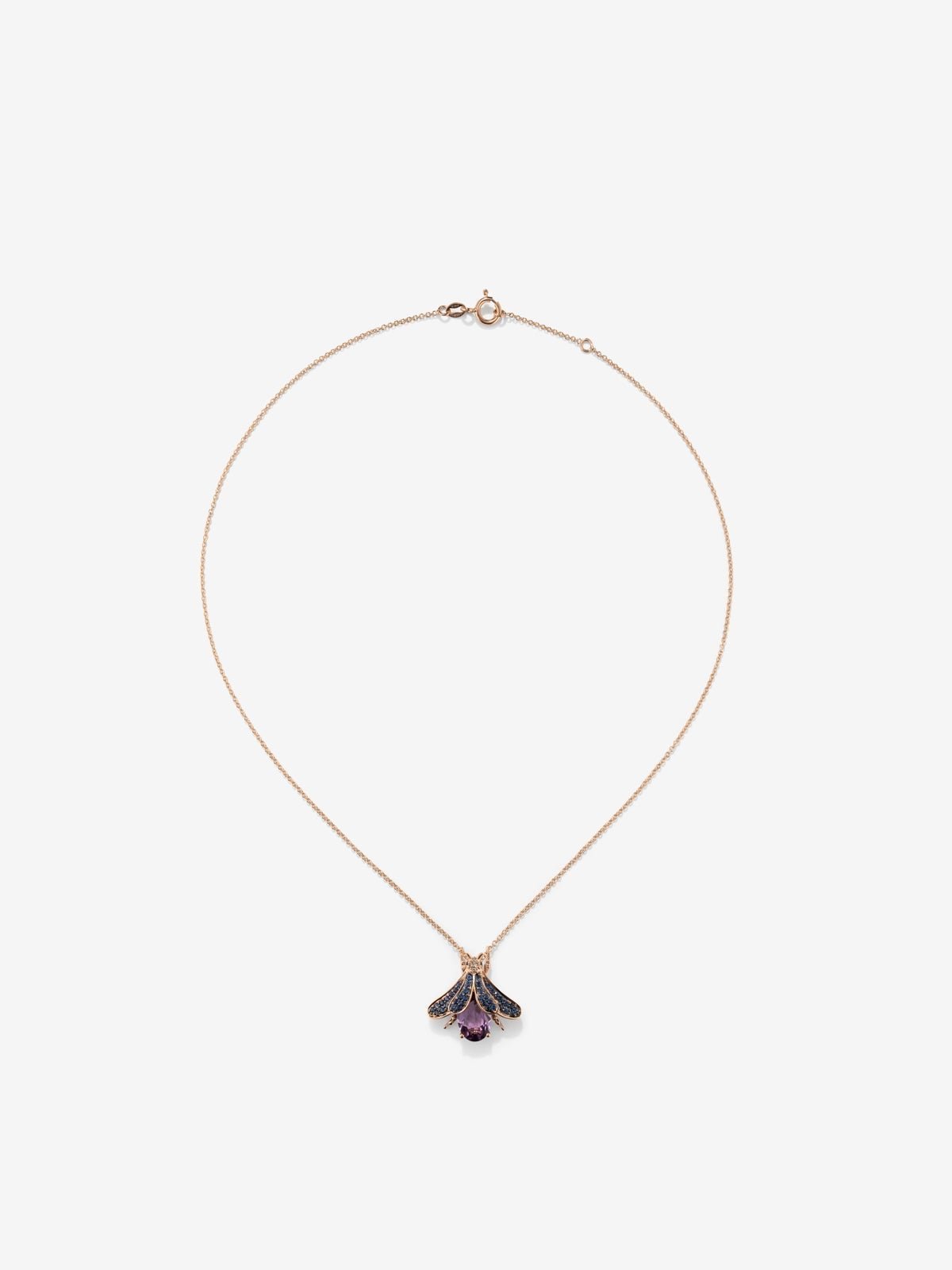 Colgante cadena insecto de oro rosa de 18K con amatista y zafiro