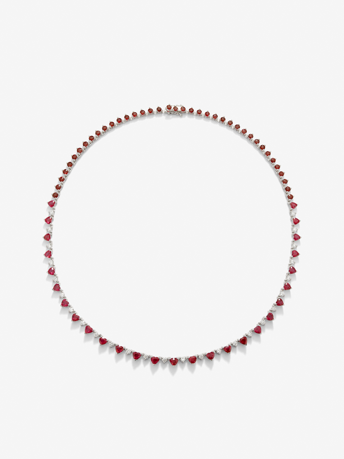18K white gold necklace with red ruby ​​in bright size and heart of 12.79 cts and diamonds in bright size 1.42 cts