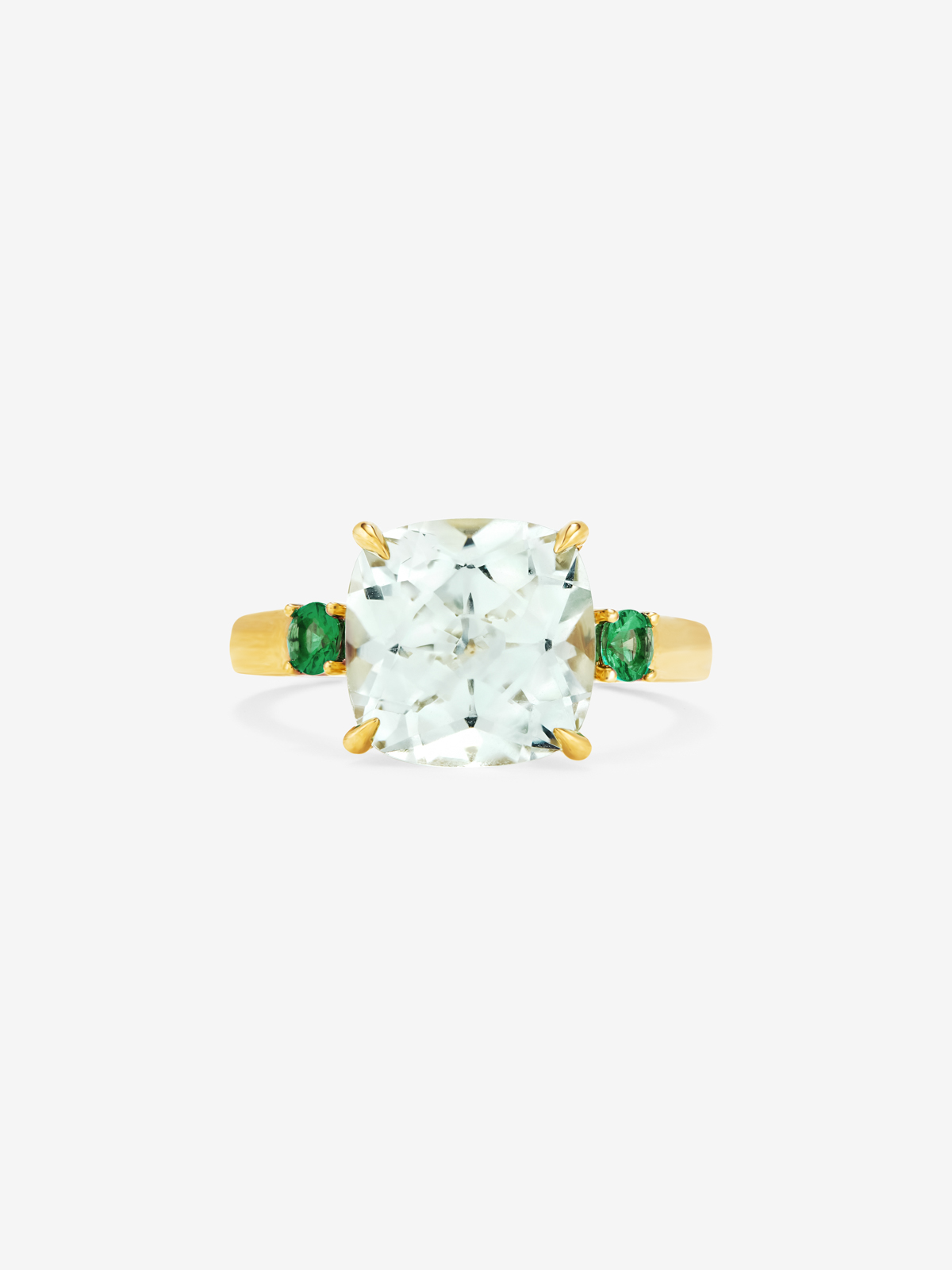18k yellow golden ring with green amethyst in 3.95 cts and green -emeralds in bright 0.25 cts