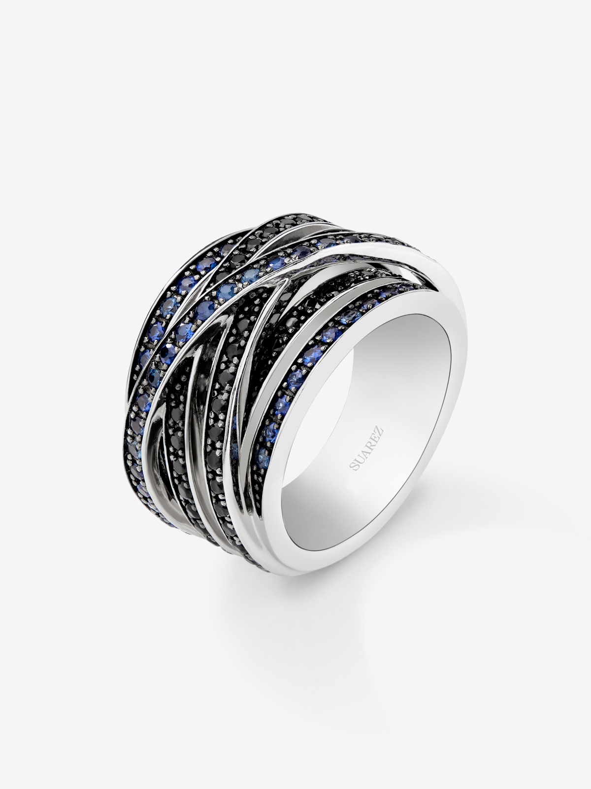 Anillo ancho multibrazo de plata 925 con espinelas y zafiros