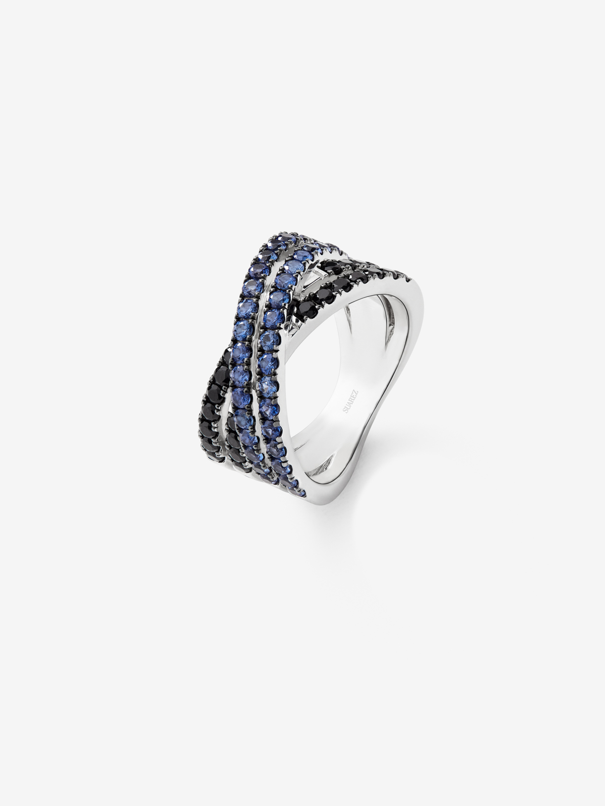 Wide double crossed 925 silver ring with spinels and sapphires