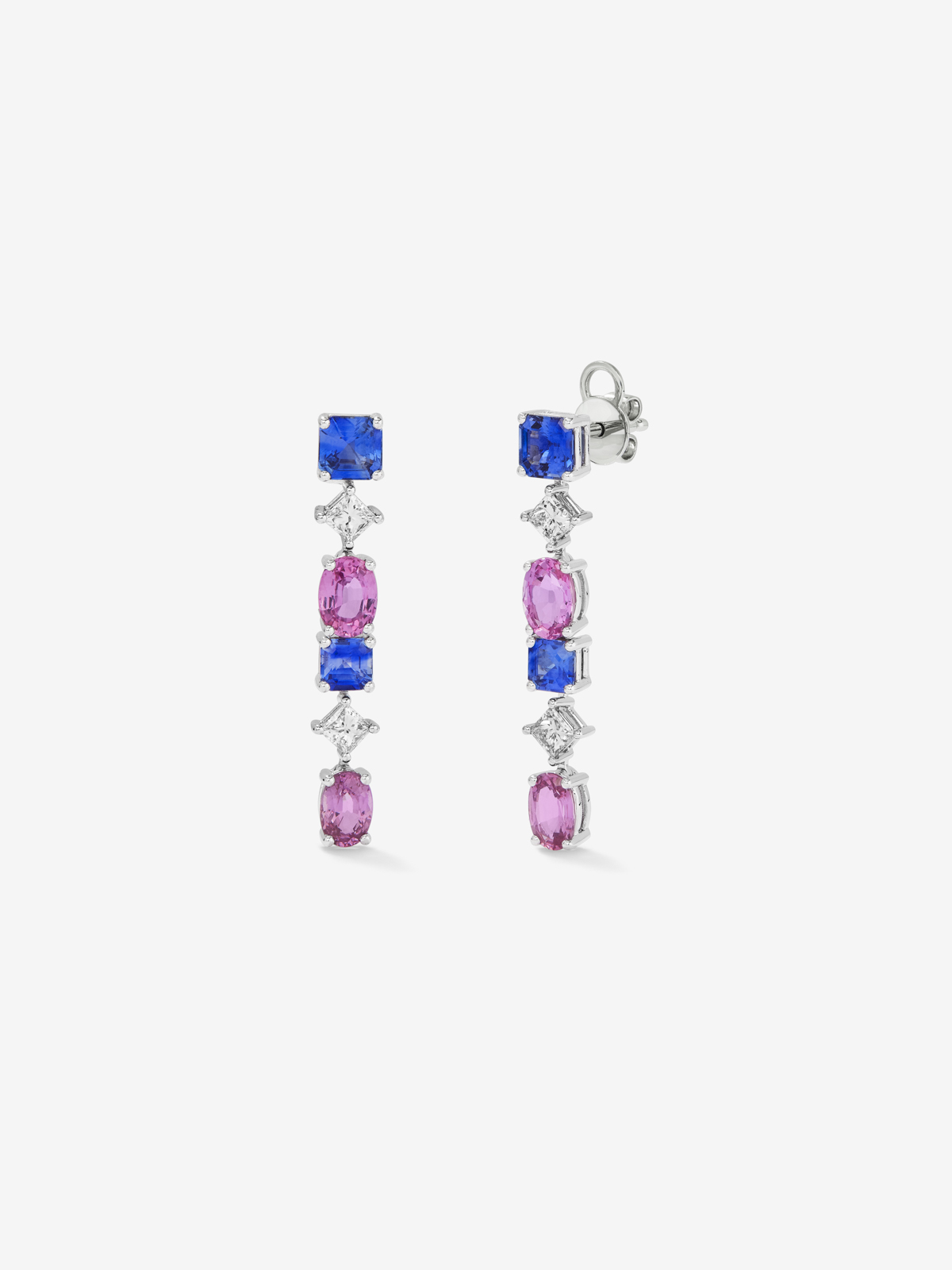 18K White Gold Gold Earrings with Blue Sapphires in octagonal 2,19 cts, oval pink sapphires of 2.96 cts and white diamonds in 0.65 cts princess size