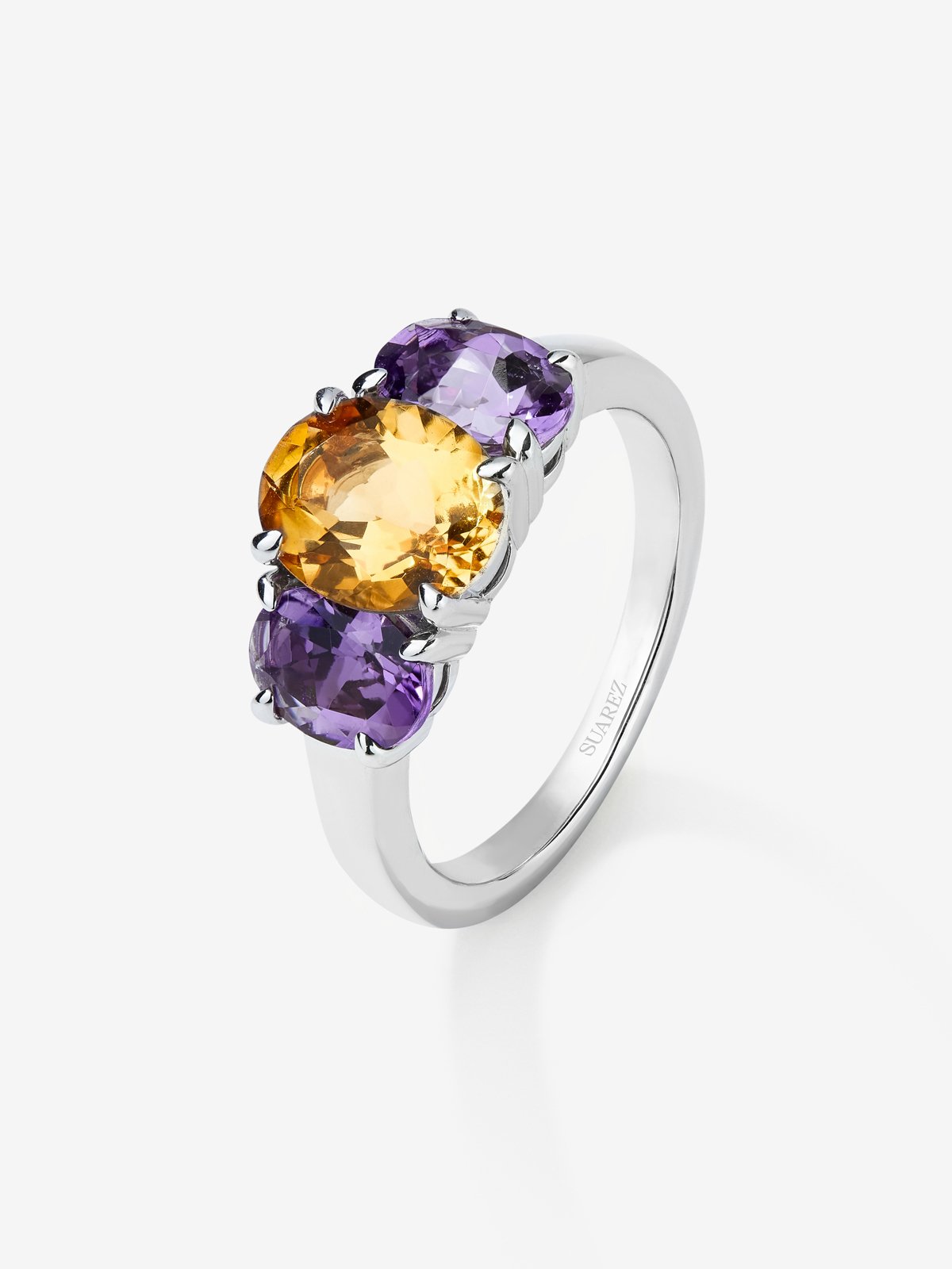 925 silver triple ring with oval-cut citrine quartz and 2 oval-cut purple amethysts