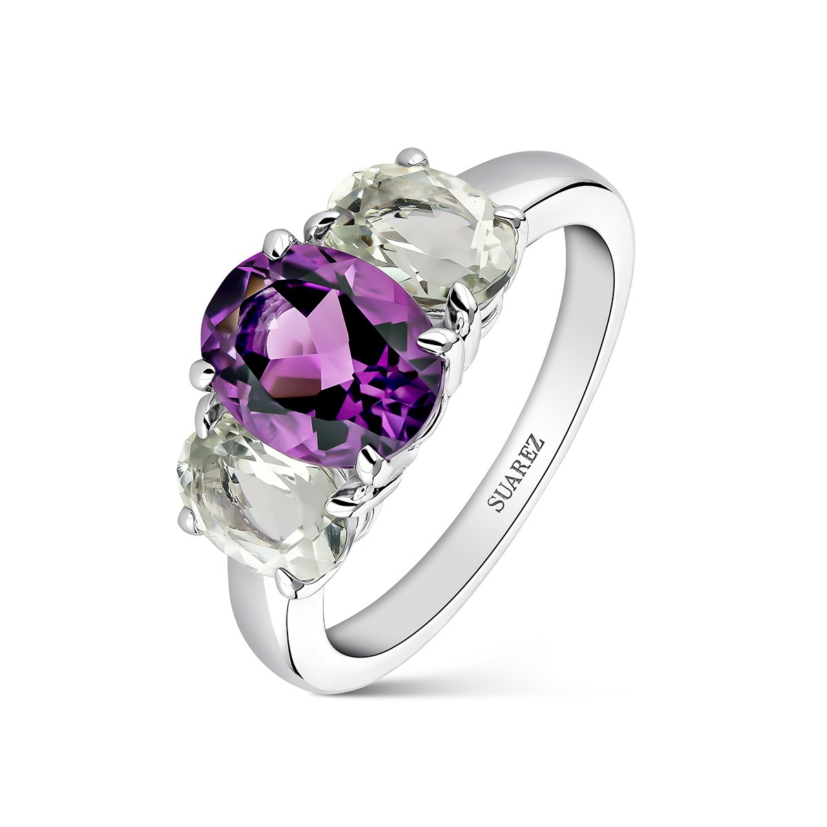 Anillo tresillo de plata 925 con amatista morada y topacio azul swiss