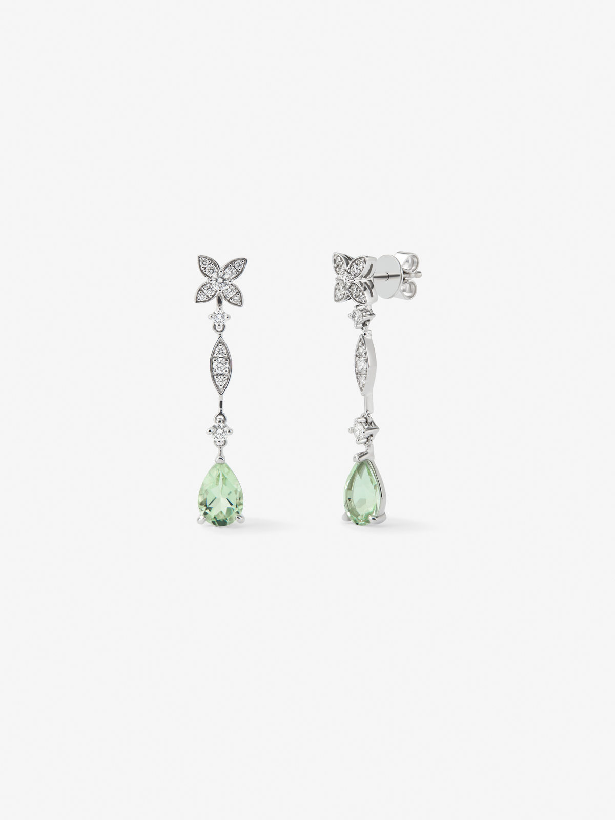 18K white gold earrings with 0.63 ct brilliant-cut diamonds and pear-cut green amethysts