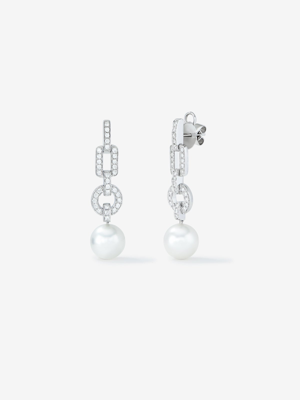 Pendiente colgante de oro blanco de 18k con perla autraliana de 10 mm y diamante