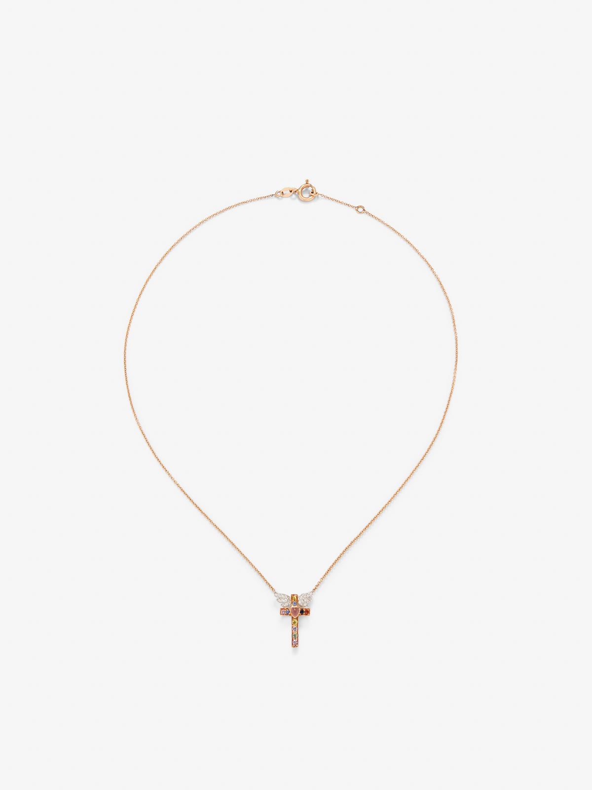 Colgante cadena cruz de oro rosa de 18K con zafiro y diamante