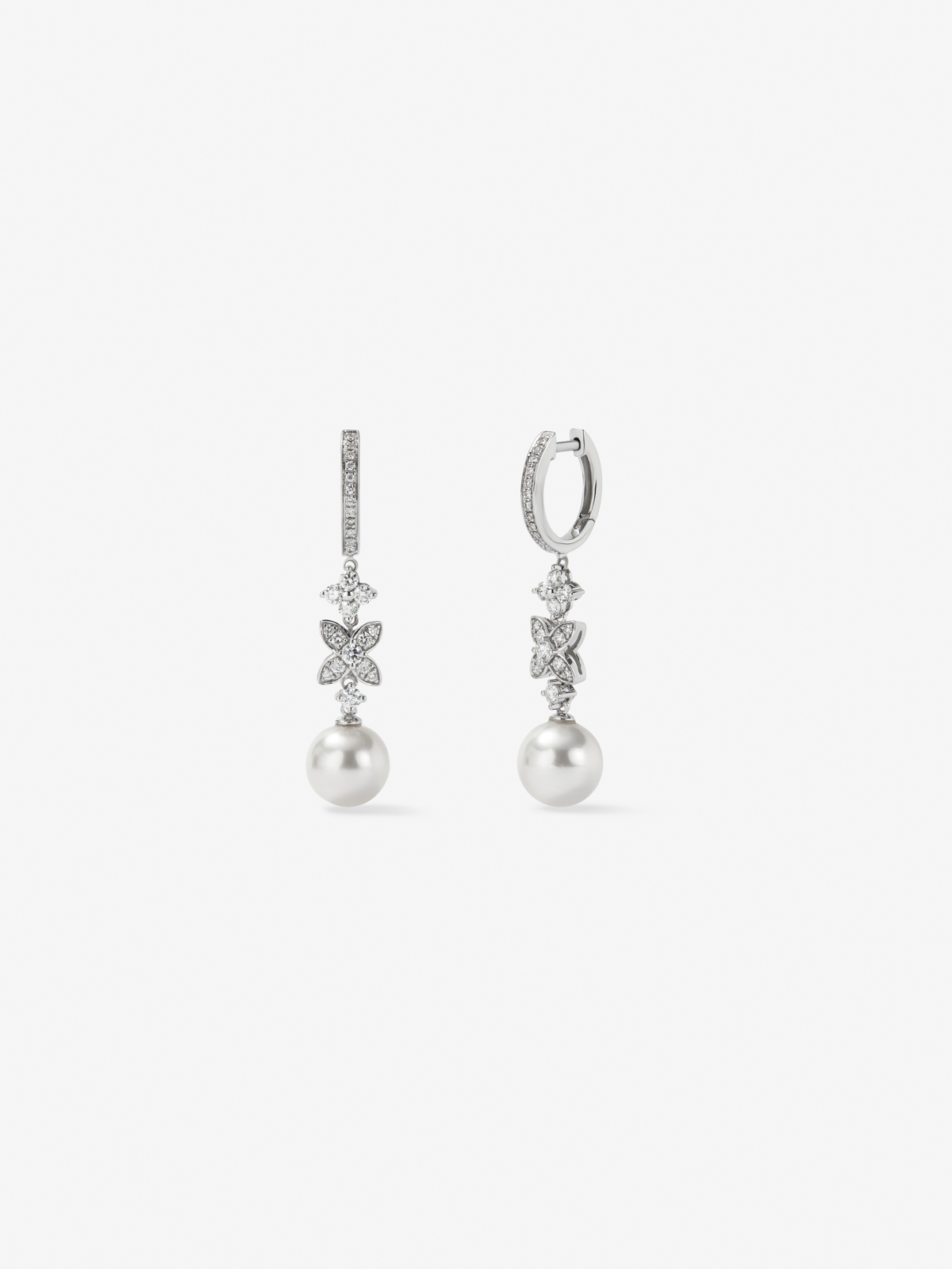 18K White Gold Earrings With Bright Size of 0.76 CTS and 8.5 mm pearls