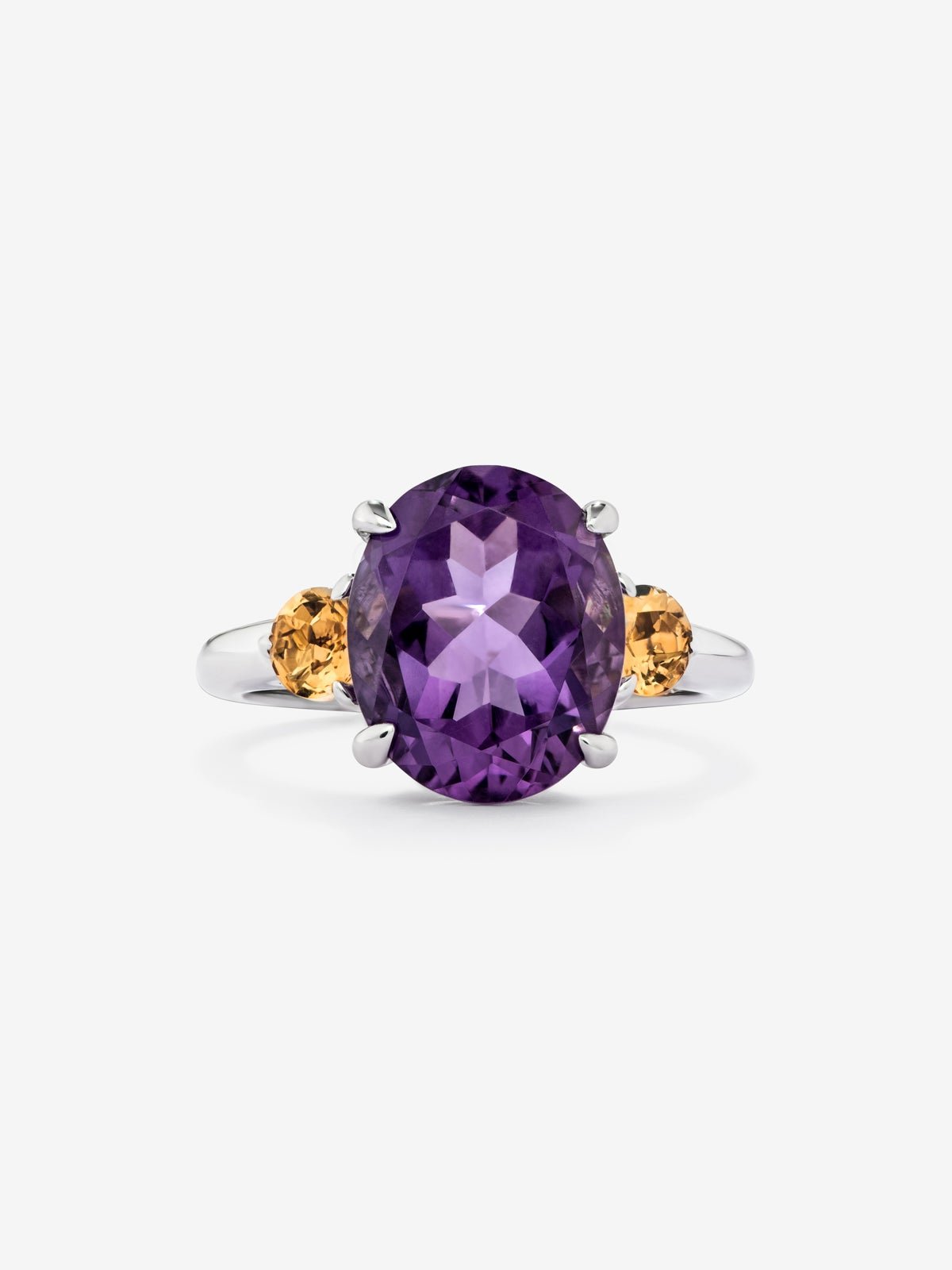 925 silver triple ring with oval-cut purple amethyst and 2 brilliant-cut citrine quartz