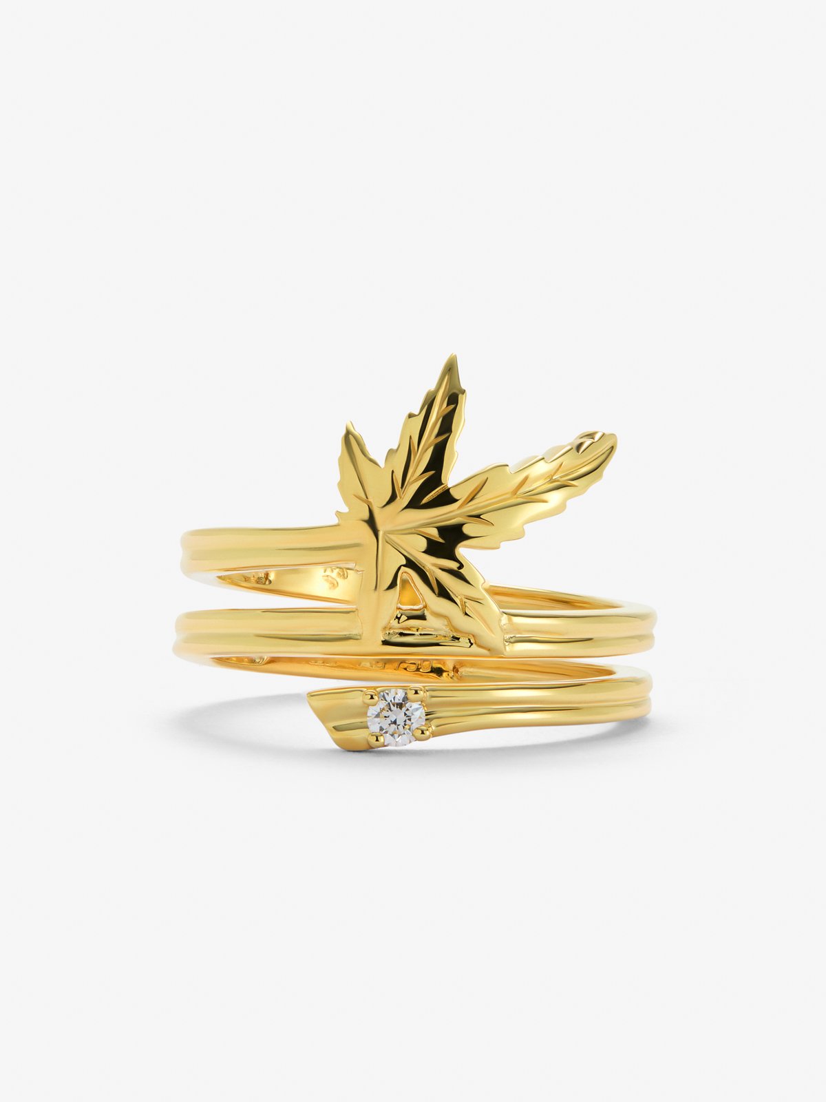 Anillo de oro amarillo de 18K con diamante en talla brillante de 0,04 cts y forma de hoja de arce