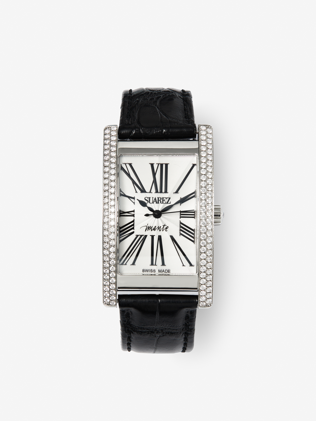 Reloj de acero inoxidable y pulsera de piel, con diamantes blancos en talla brillante, cristal de zafiro y movimiento de cuarzo