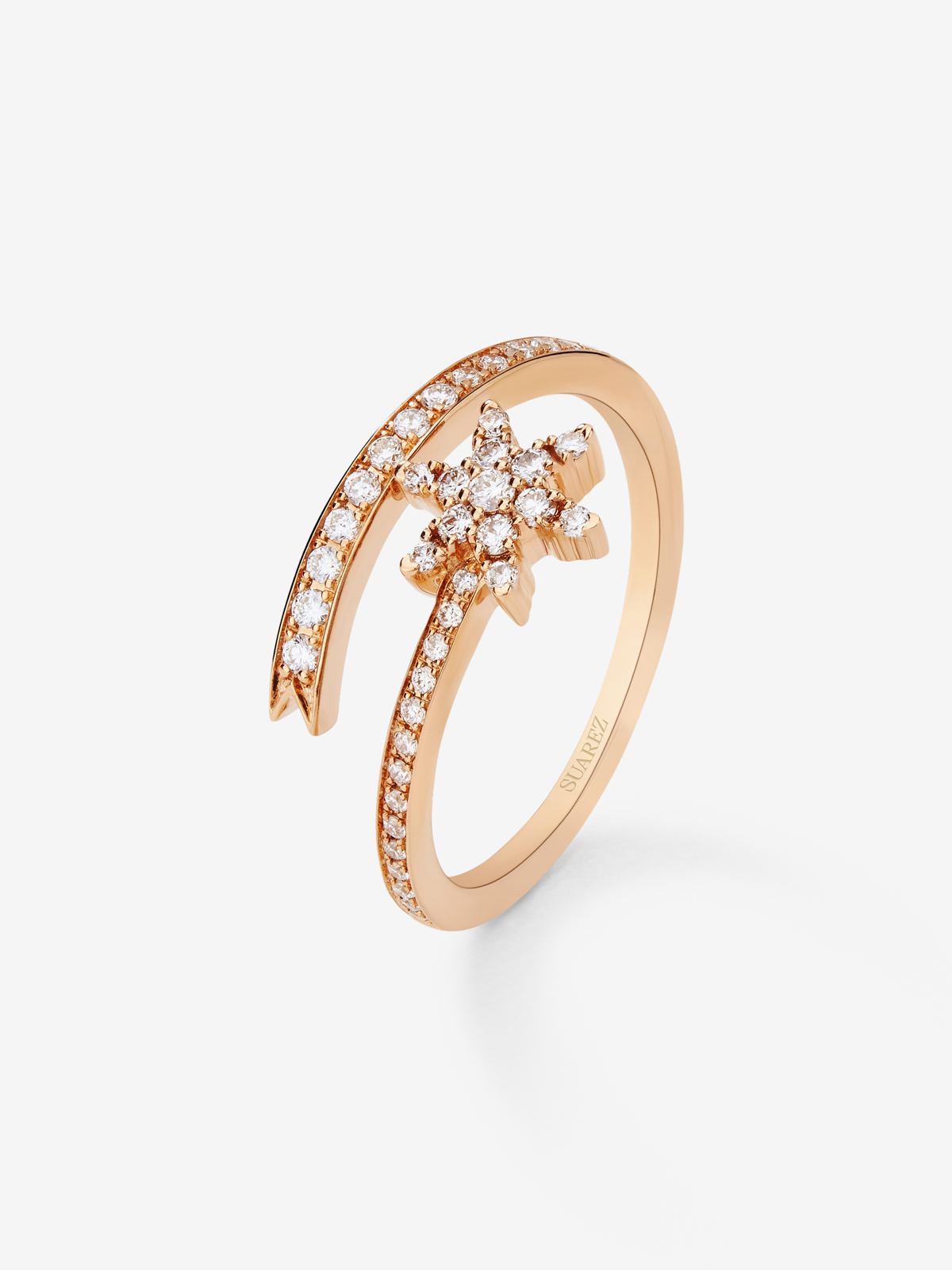 Anillo abierto cruzado estrella fugaz de oro rosa de 18K con diamantes