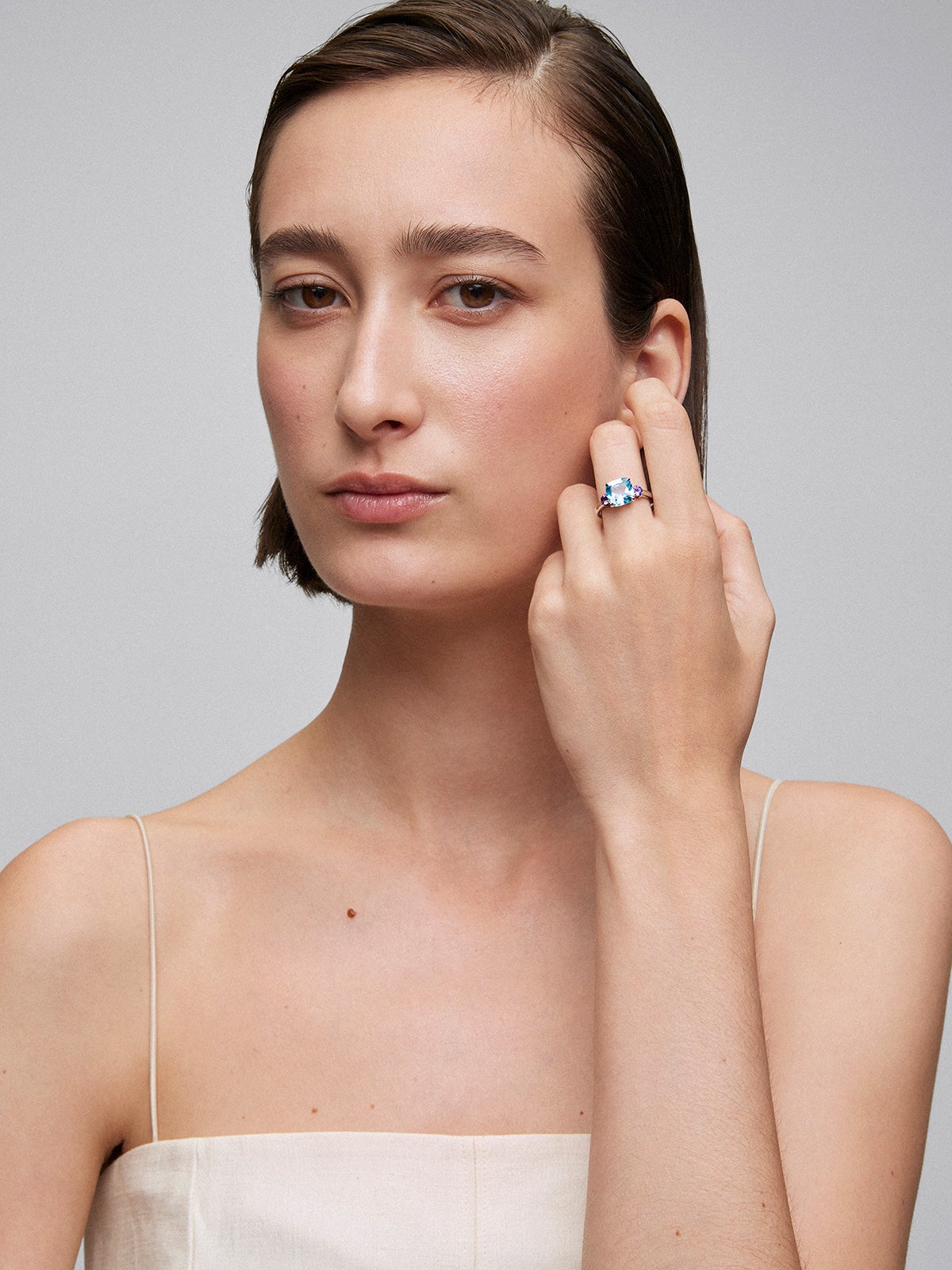 Anillo tresillo de plata 925 con topacio y amatista