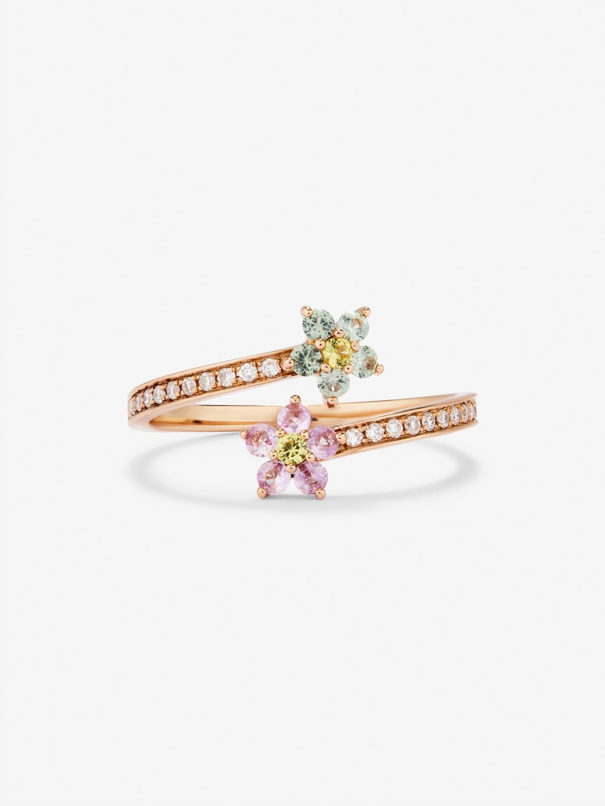 Anillo de oro rosa de 18K con 12 zafiros multicolor en talla brillante con un total de 0,26 cts y 22 diamantes en talla brillante con un total de 0,1 cts