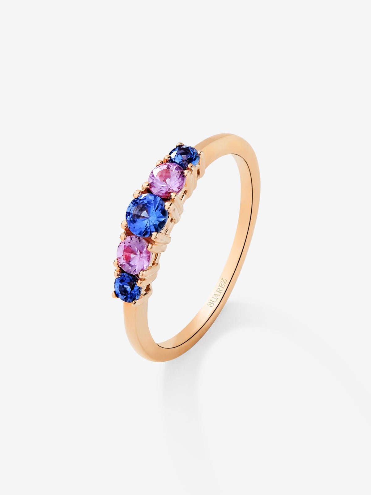 Anillo cinquillo de oro rosa de 18K con 5 zafiros rosas y azules en talla brillante con un total de 0,52 cts