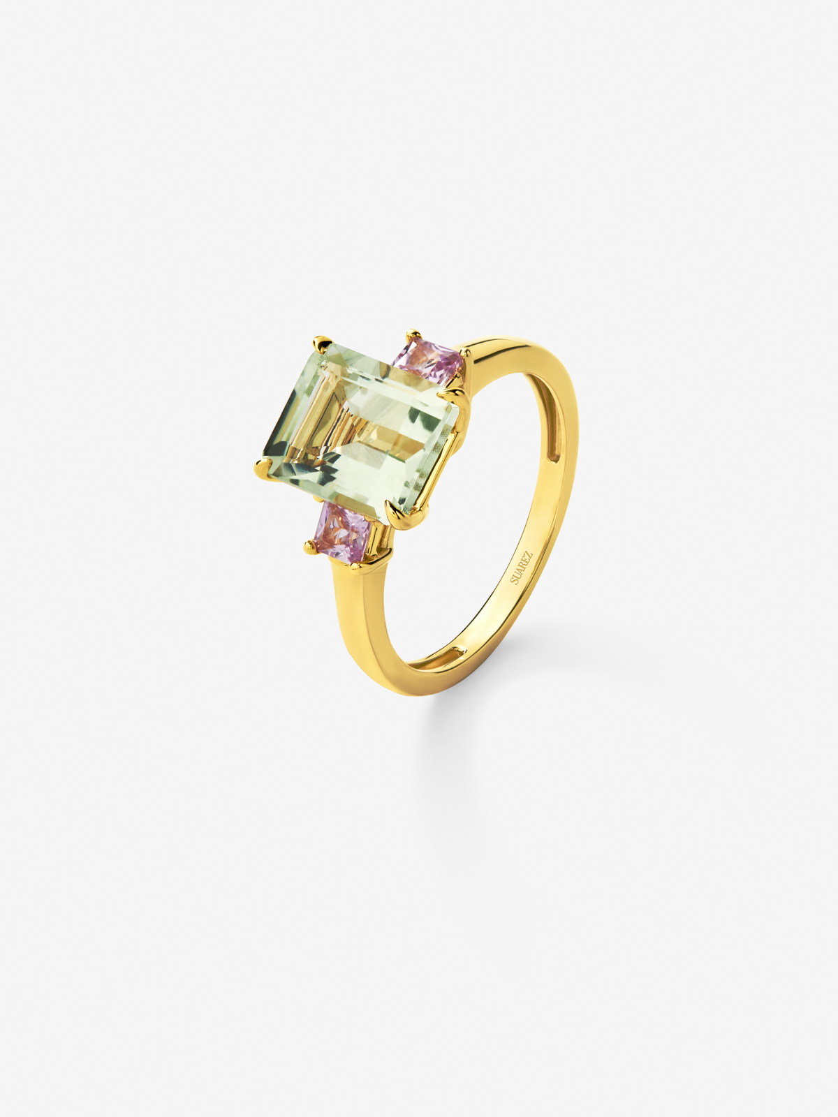 18k yellow golden ring with green amethyst in octagonal size 2.53 cts and pink sapphires in 0.41 cts princess size