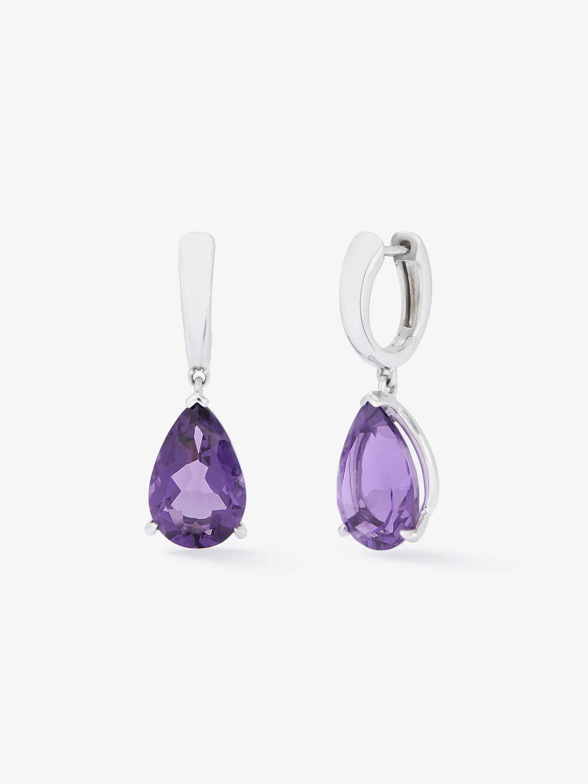Pendientes de aro de plata 925 con 2 amatistas moradas en talla pera