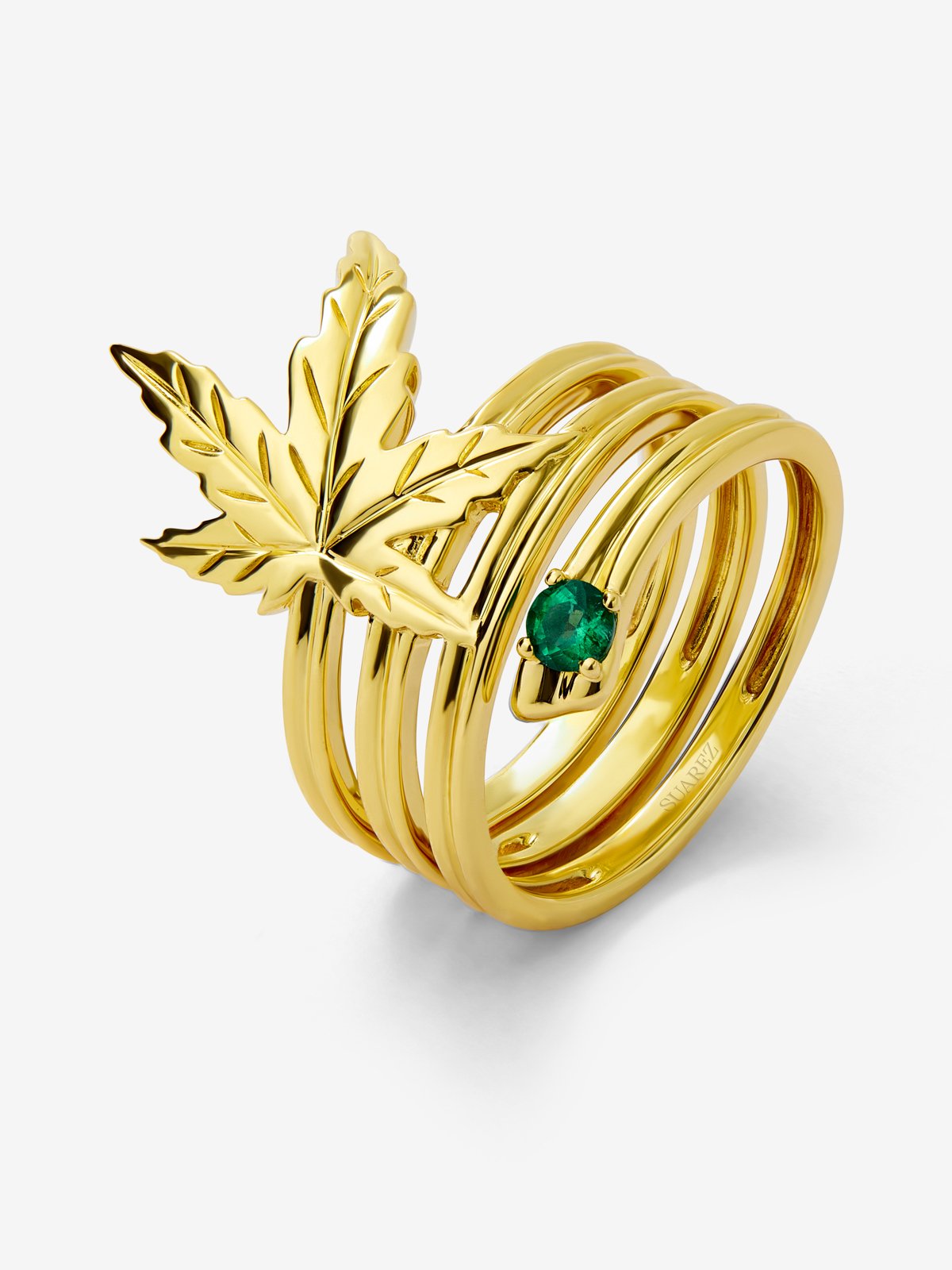 Anillo de oro amarillo de 18K con esmeralda en talla brillante de 0,11 cts y forma de hoja de arce