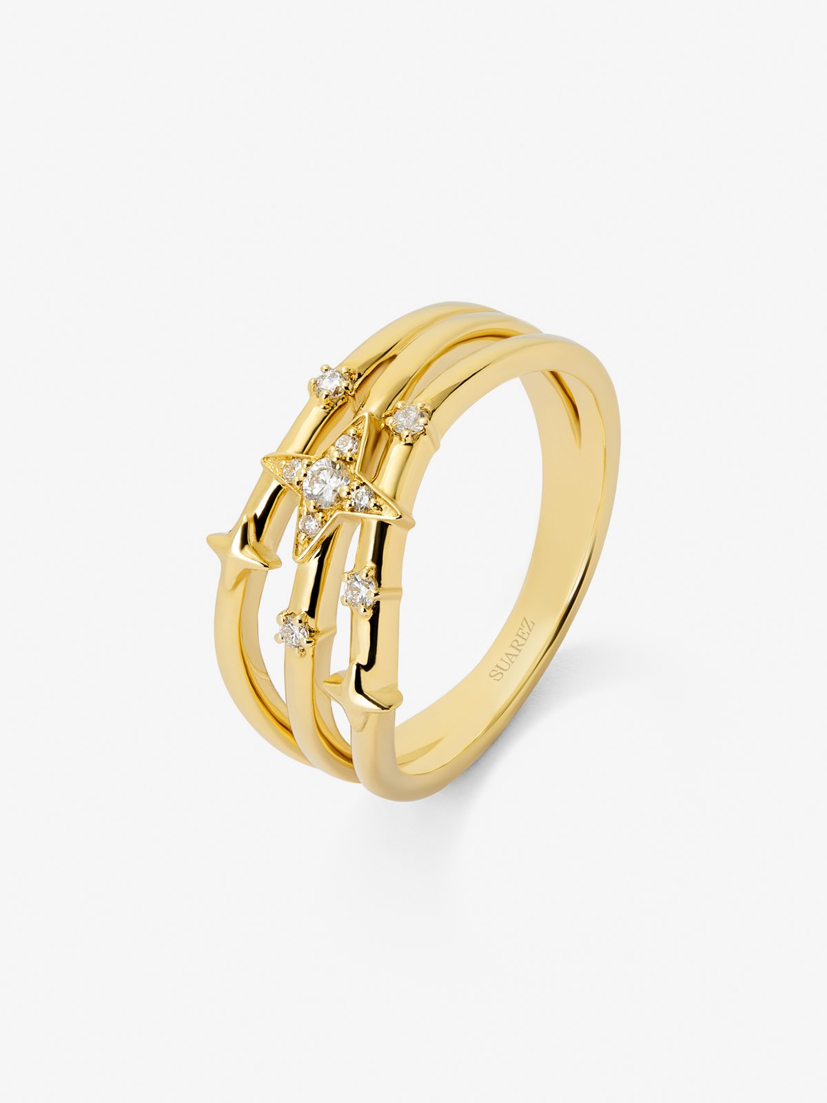 Anillo multibrazo de oro amarillo de 18K con 9 diamantes en talla brillante con un total de 0,08 cts