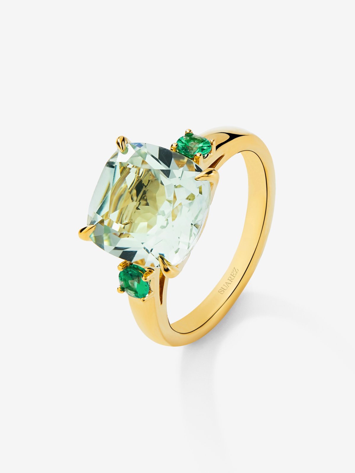 18K yellow gold triple ring with 3.95 ct cushion-cut green amethyst and 0.25 ct brilliant-cut green emeralds