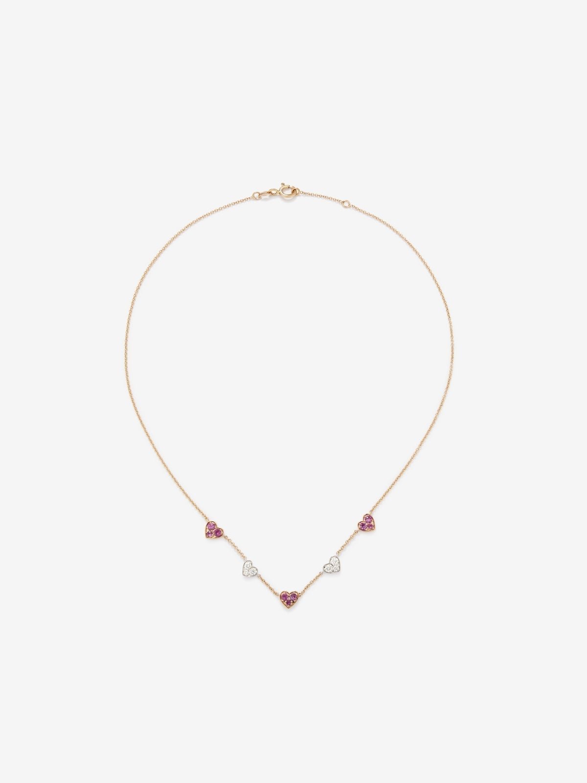 Collar corazones de oro rosa y oro blanco de 18kt con zafiros rosas y diamantes