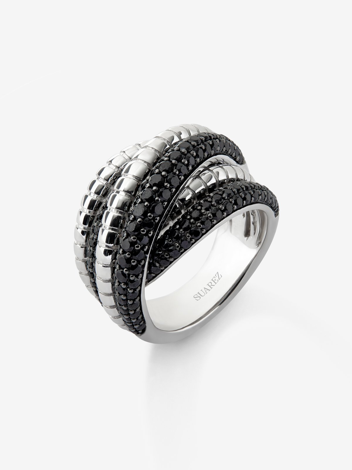 Anillo ancho multibrazo de plata 925 con 213 espinelas negras en talla brillante